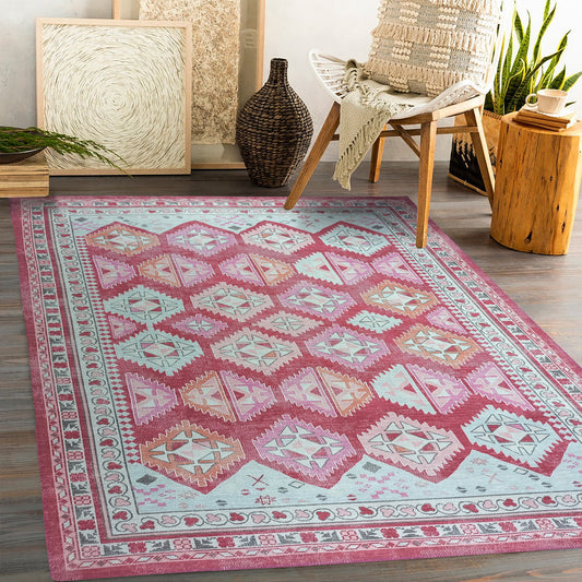 Pink Herki Vintage Rug, Shades of Rose Boho Luxury Oriental Geometric Diamond Pastel Turkish Inspired Area Rugs Living room Bedroom Hall