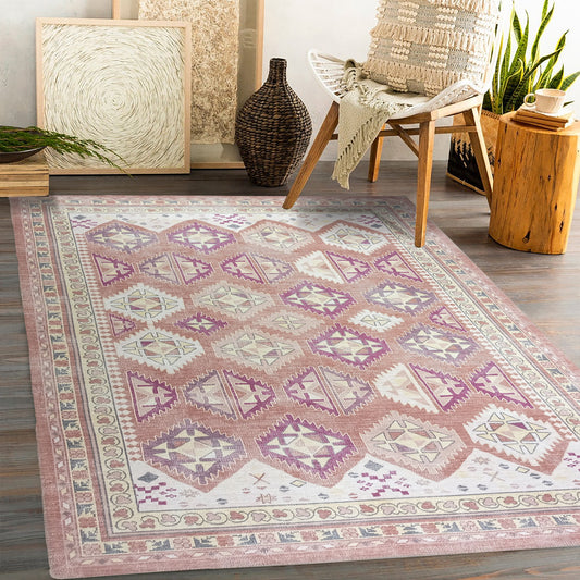 Soft Herki Vintage Rug, Shades of Brown Pastel Boho Luxury Oriental Geometric Diamond Turkish Inspired Area Rugs Living room Bedroom Hall