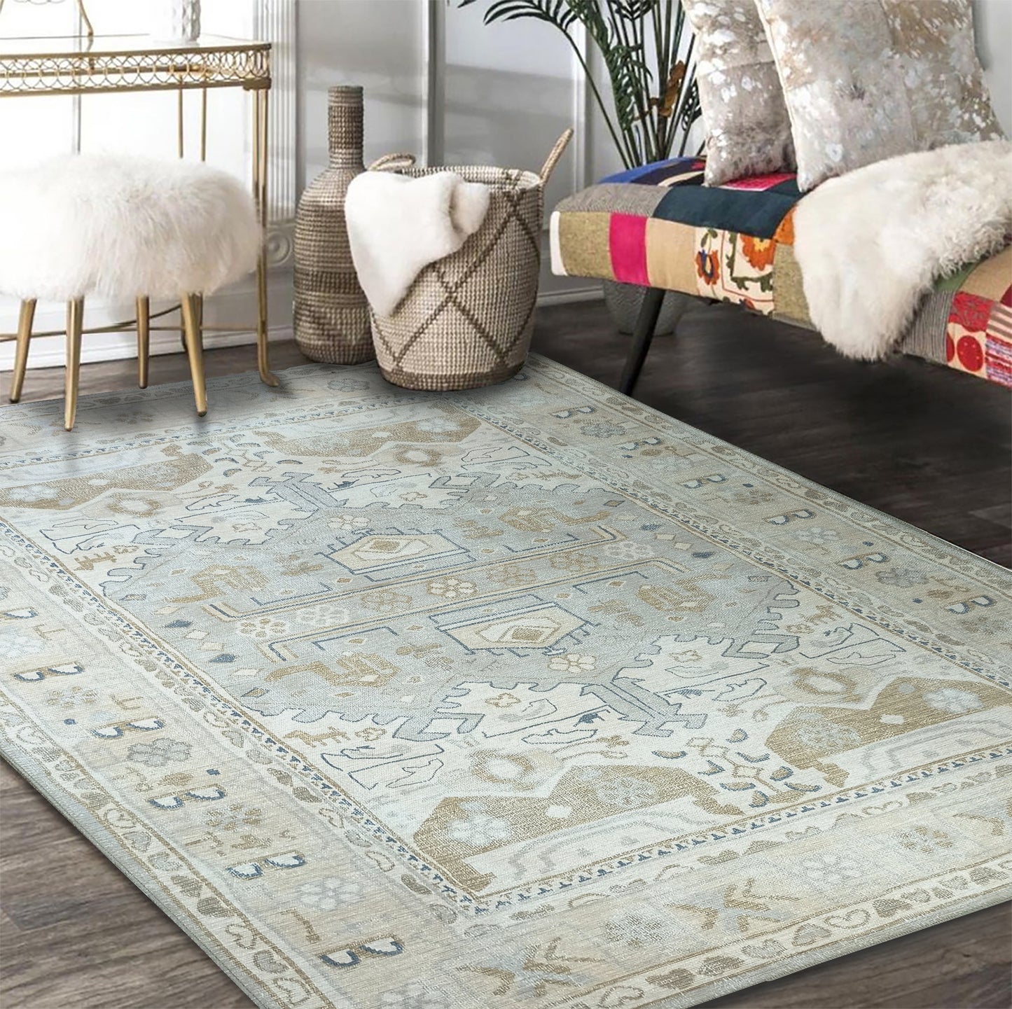 Neutral Earth Vintage Rug, Shades of Beige Ivory Natural Turkish Geometric Floral Antique Inspired Area Rugs Living room Bedroom Nursery