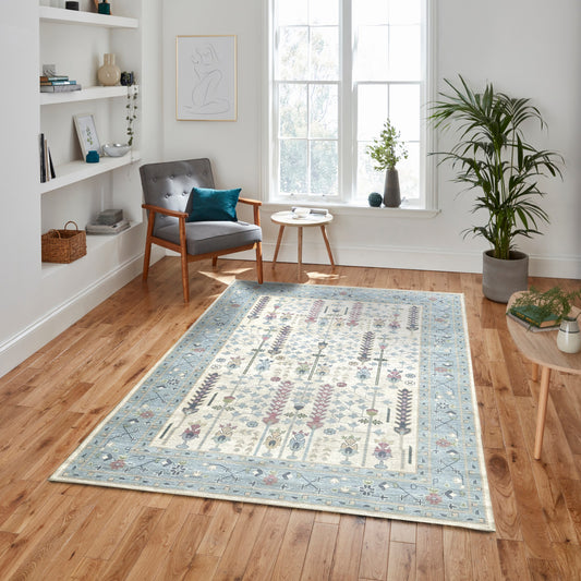 Pastel Oushak Rug, Light Blue Vintage look Turkish Inspired Floral Large Oversized Area Rugs for Living room Dining Bedroom Bathroom Kitchen