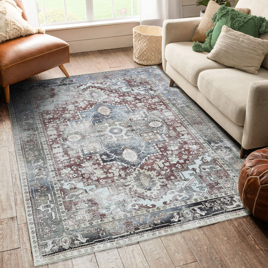 Distressed Modern Persian Rug, Terracotta Vintage Inspired Medallion Geometric Large Area Rugs for Living room Bedroom Bathroom Kitchen Home