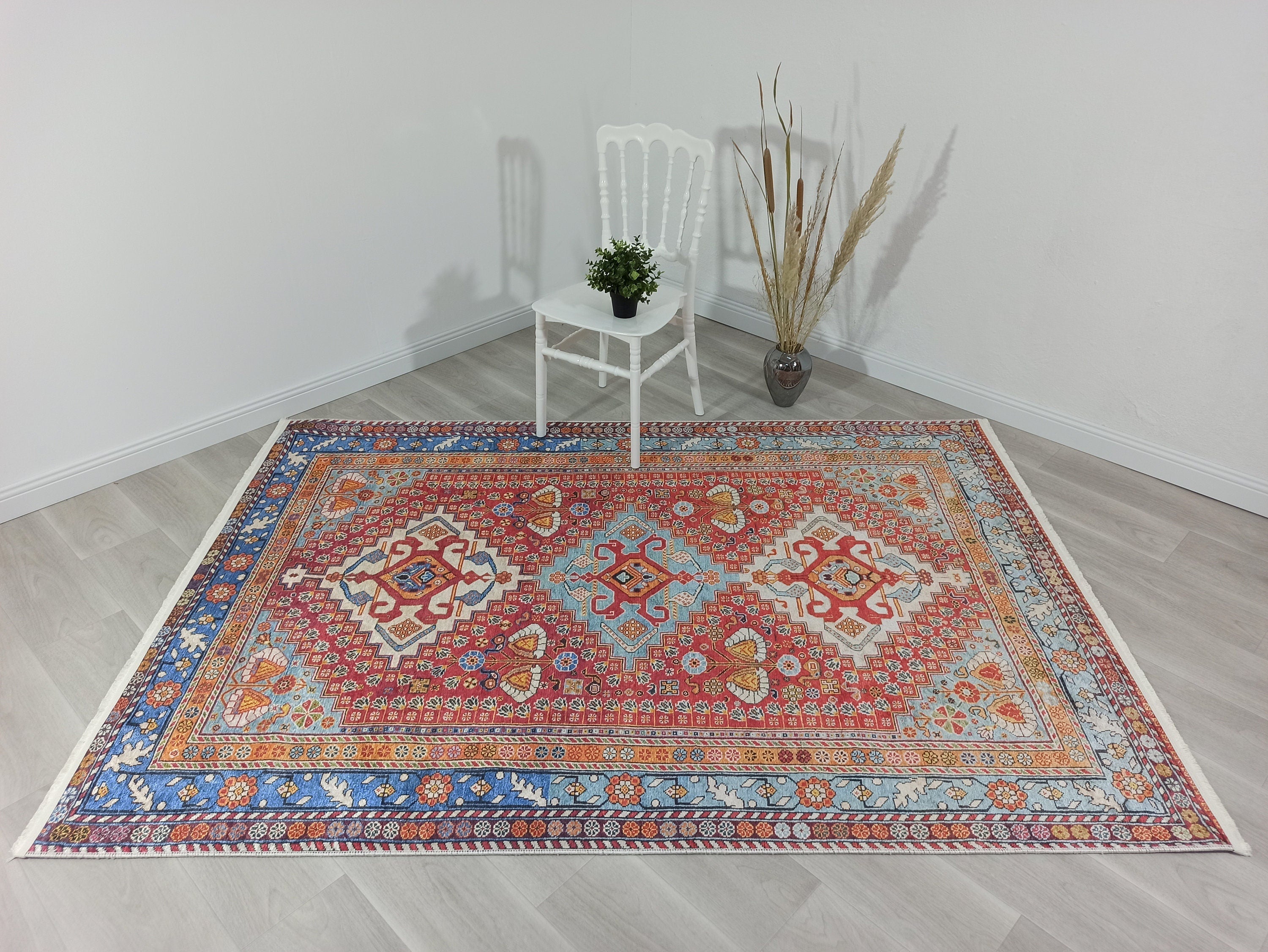 Adia Rug Turkish Red Orange Blue Rug-Rugs-Fame Rugs-2'x3'ft 60x90cm-fame