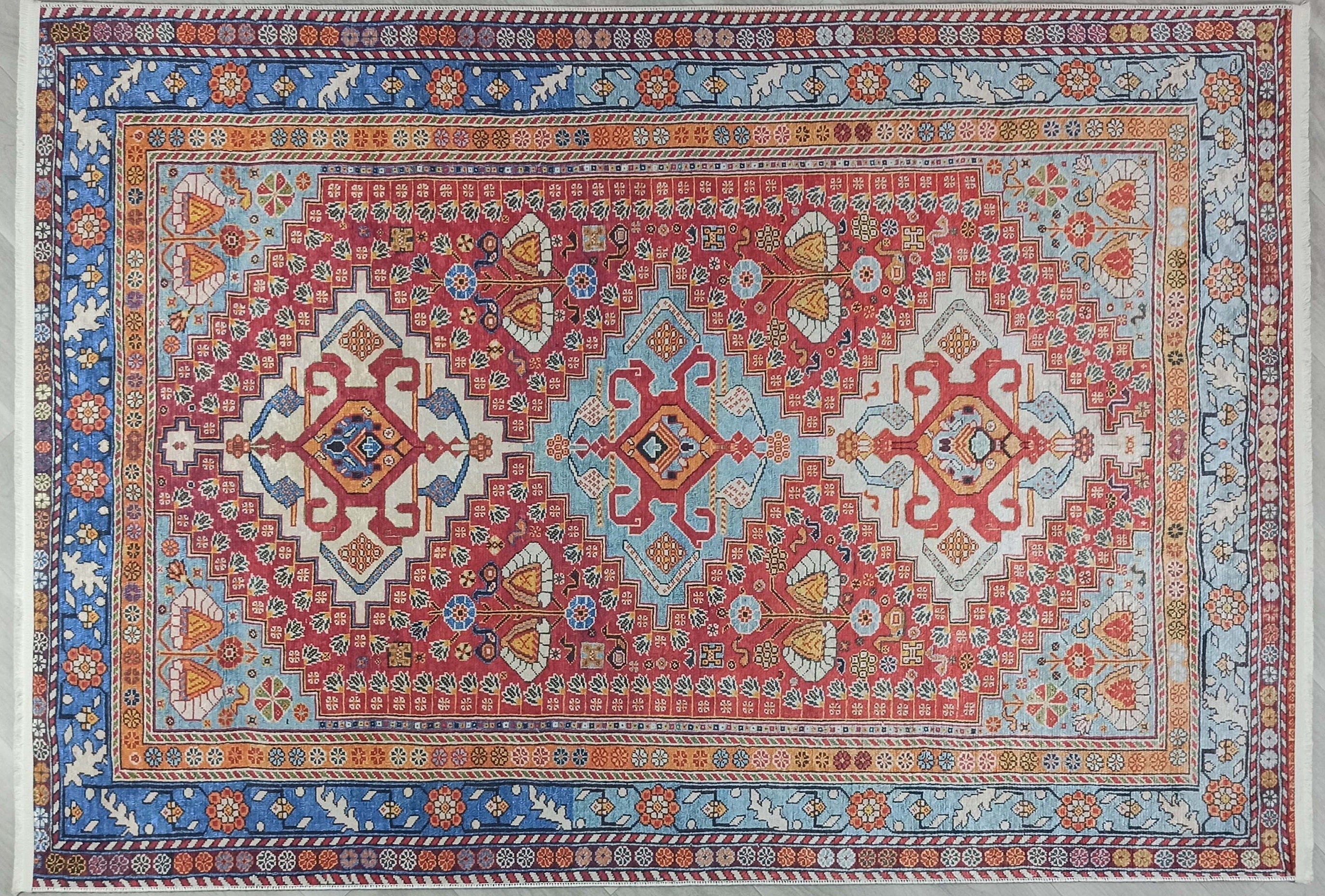 Adia Rug Turkish Red Orange Blue Rug-Rugs-Fame Rugs-2'x3'ft 60x90cm-fame