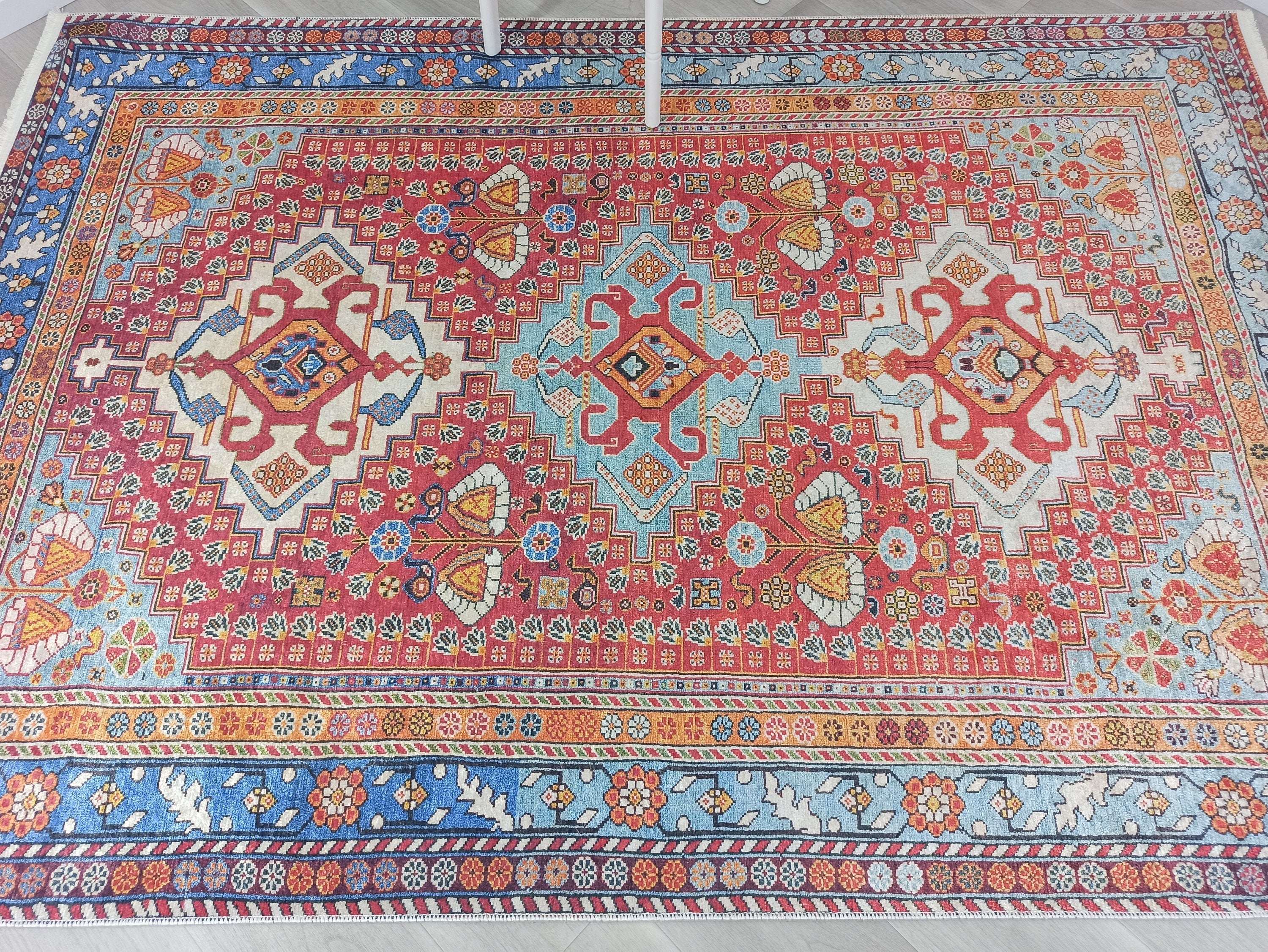 Adia Rug Turkish Red Orange Blue Rug-Rugs-Fame Rugs-2'x3'ft 60x90cm-fame