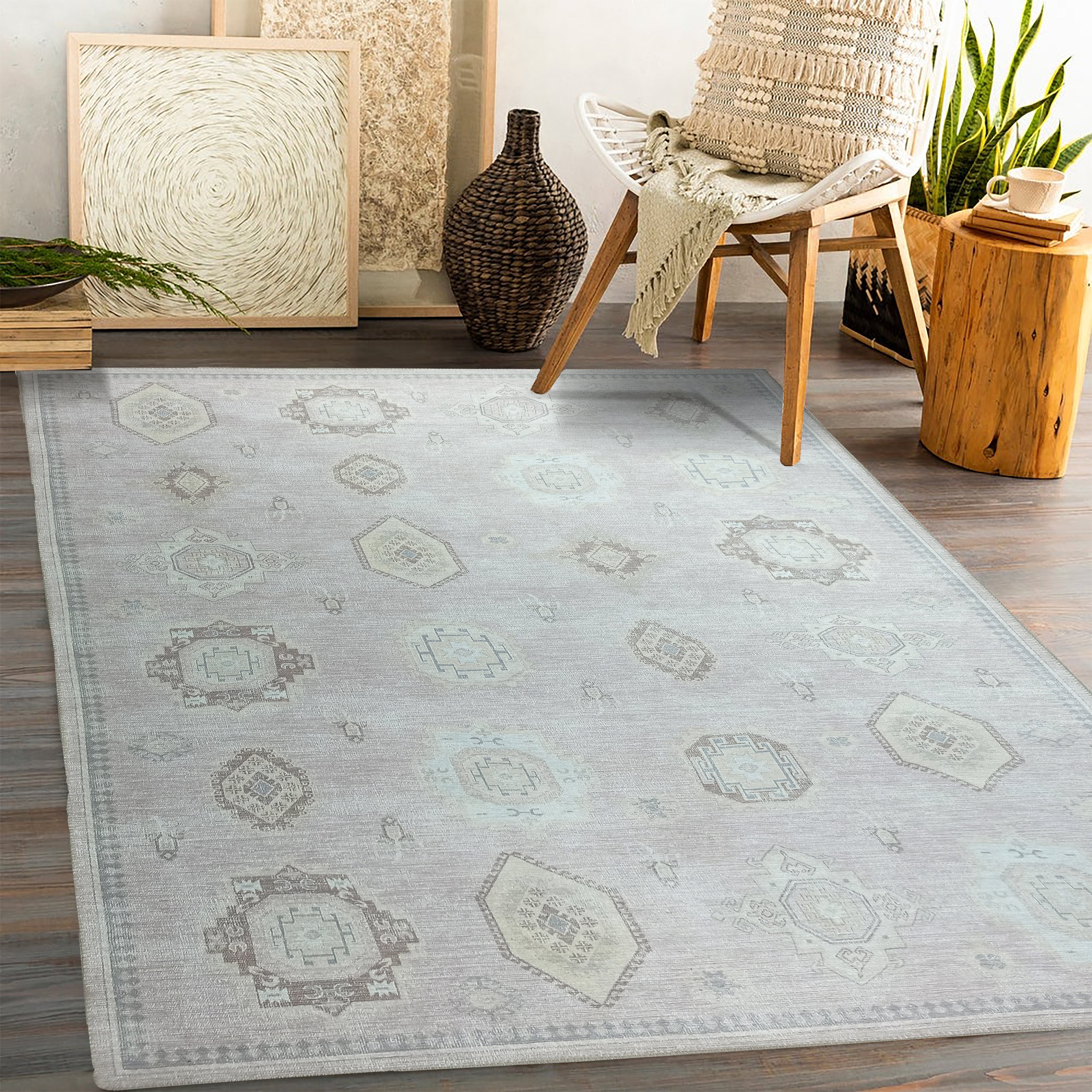 Amery Beige Pale Blush Brown Antique Oushak Rug-famerugs-2&#39;x3&#39; ft 60x90cm-fame