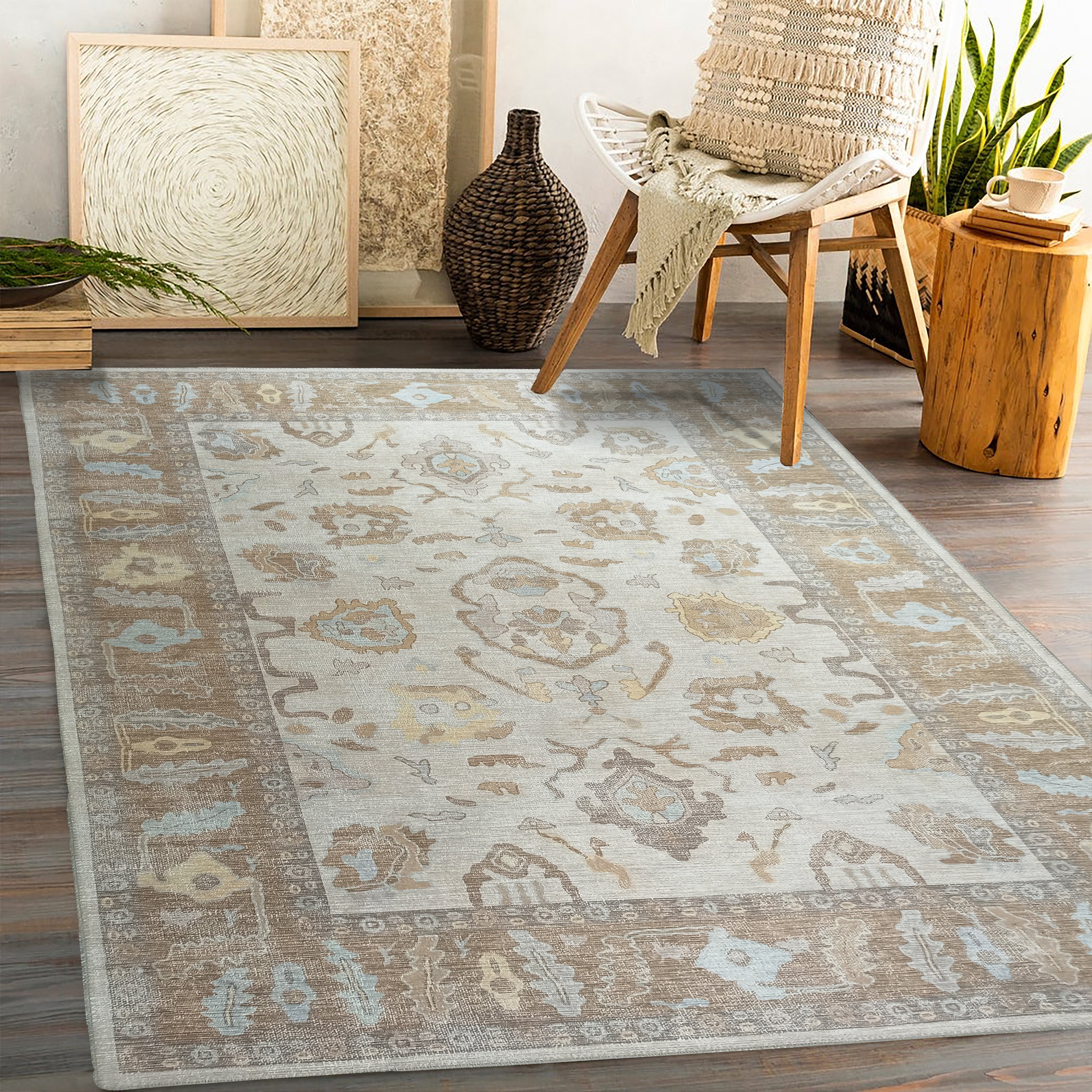 Anais Boho Brown Ivory Modern Oushak Rug-famerugs-2&#39;x3&#39; ft 60x90cm-fame