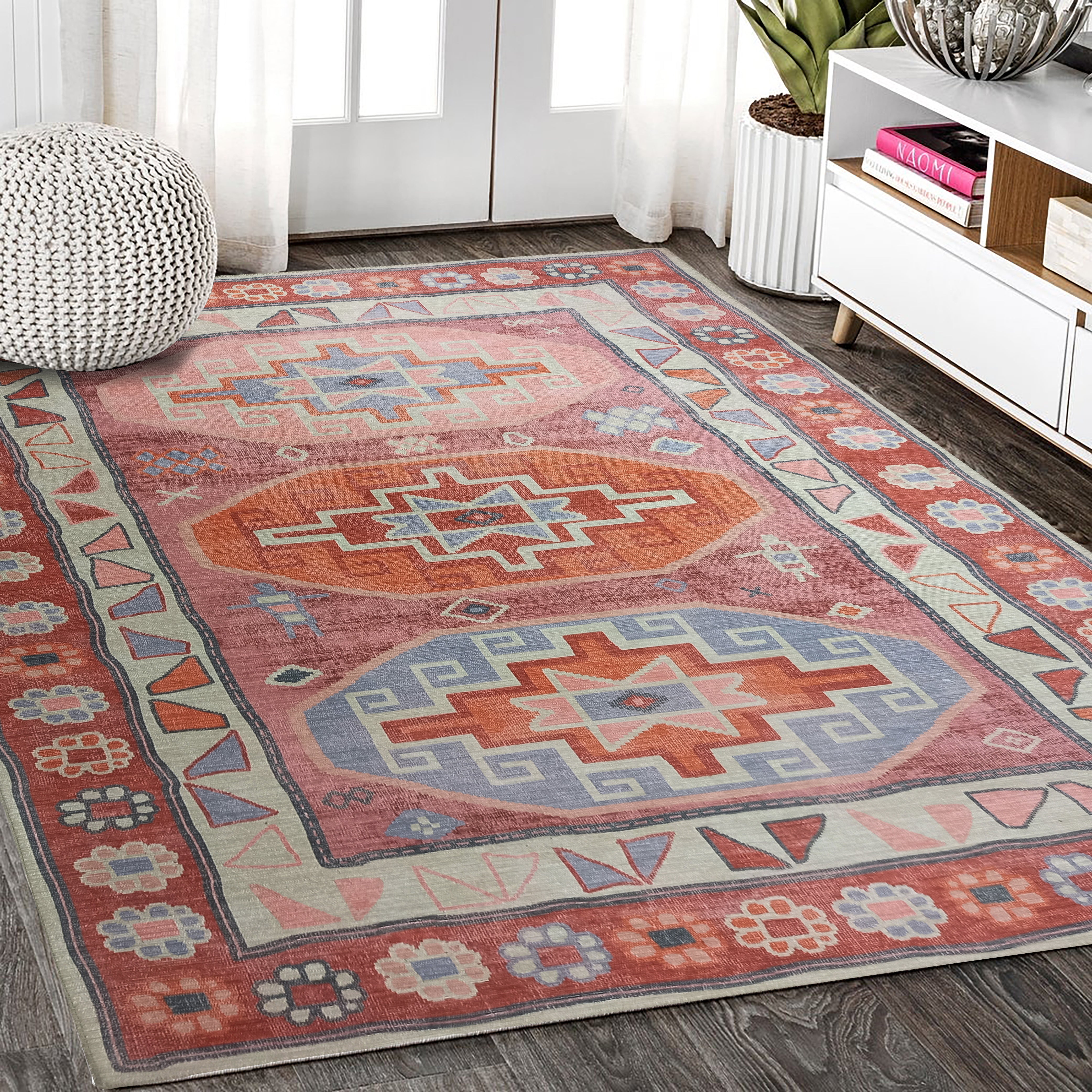 Aura Red Orange Herki Vintage Oushak Rug-famerugs-2&#39;x3&#39; ft 60x90cm-fame