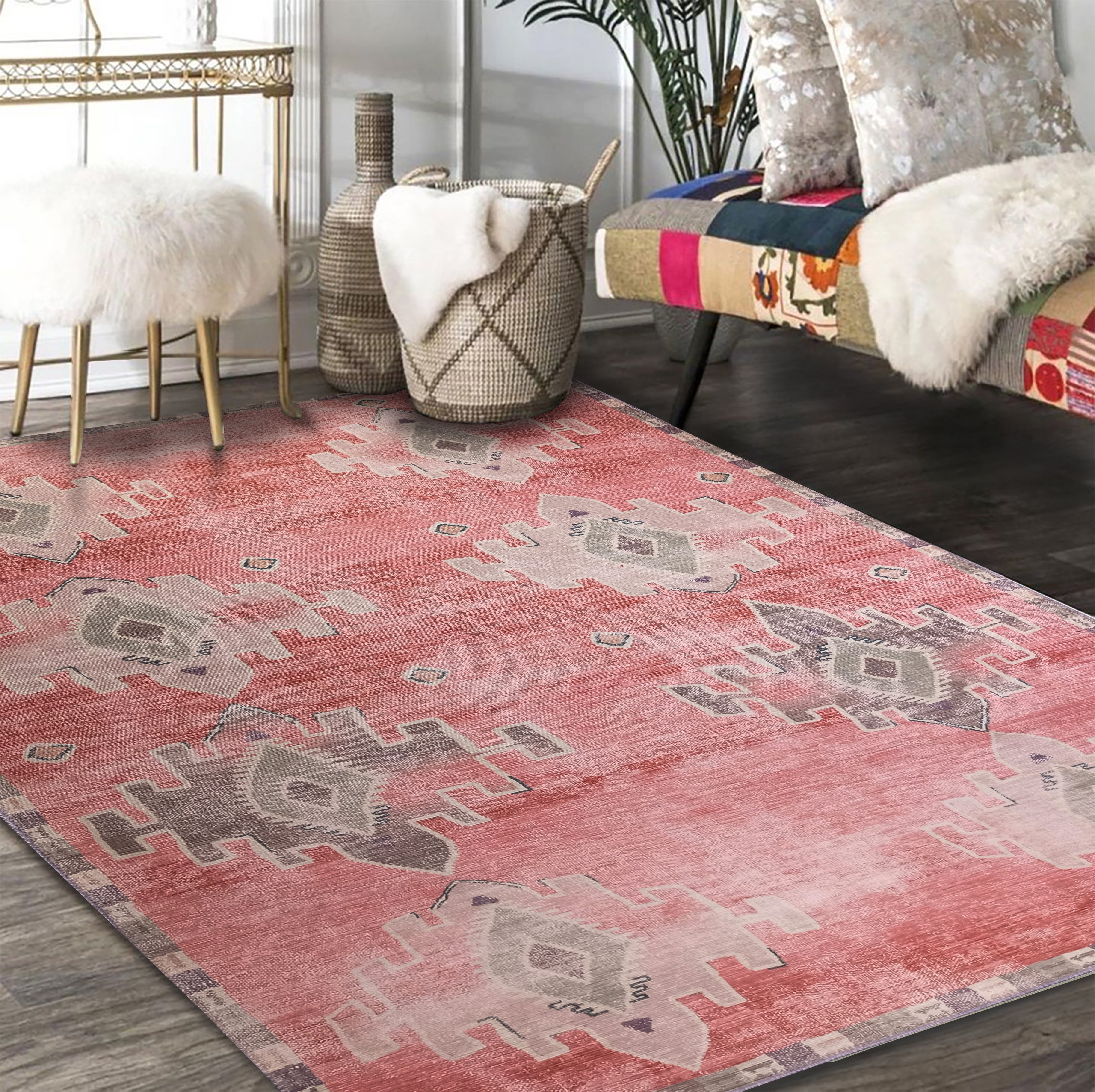 Aurelie Distressed Red Pink Beige Turkish Rug-famerugs-2&#39;x3&#39; ft 60x90cm-fame