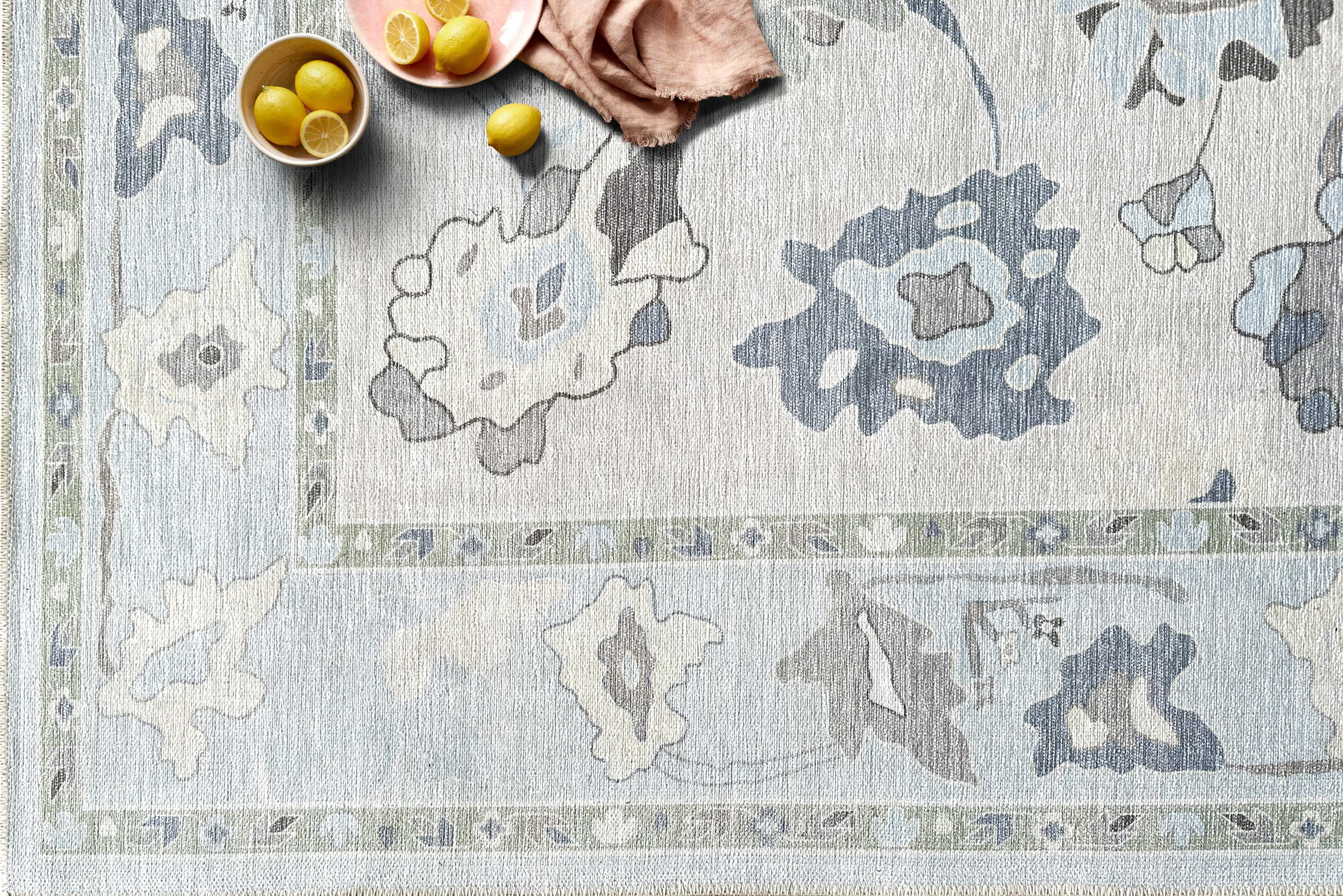 Aveline Faded Cream Blue Floral Oushak Rug-Oushak Rug-famerugs-2'x3' ft 60x90cm-fame