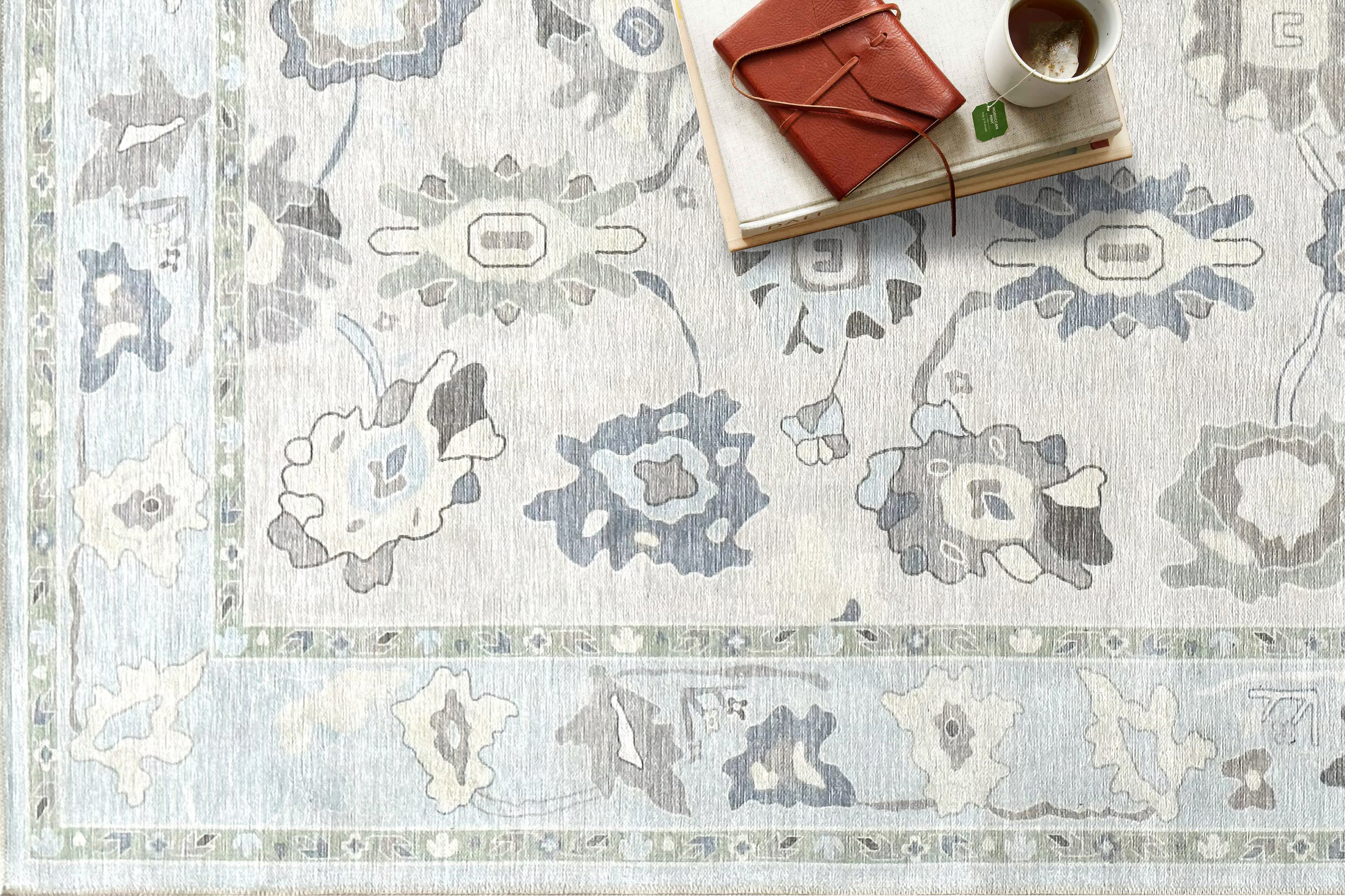 Aveline Faded Cream Blue Floral Oushak Rug-Oushak Rug-famerugs-2'x3' ft 60x90cm-fame