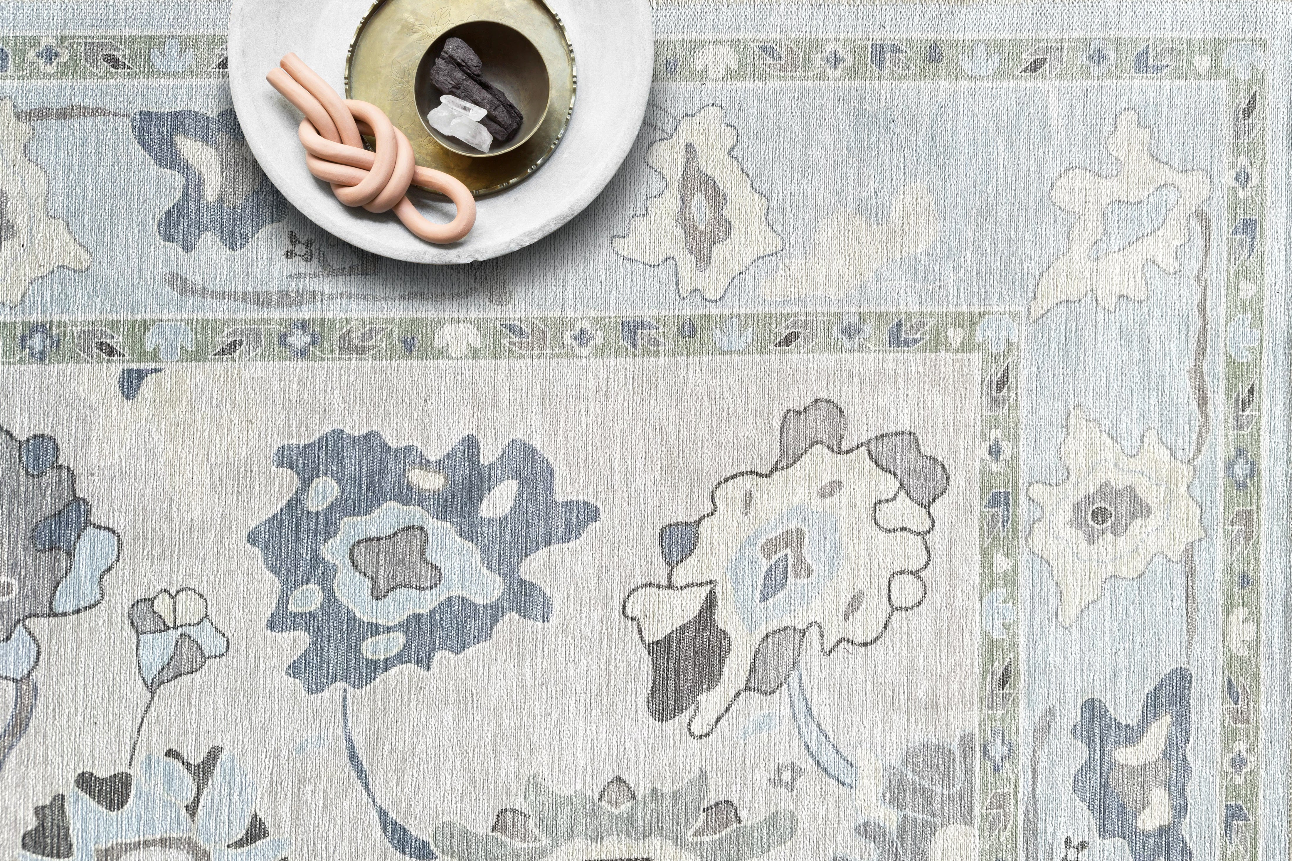 Aveline Faded Cream Blue Floral Oushak Rug-Oushak Rug-famerugs-2'x3' ft 60x90cm-fame