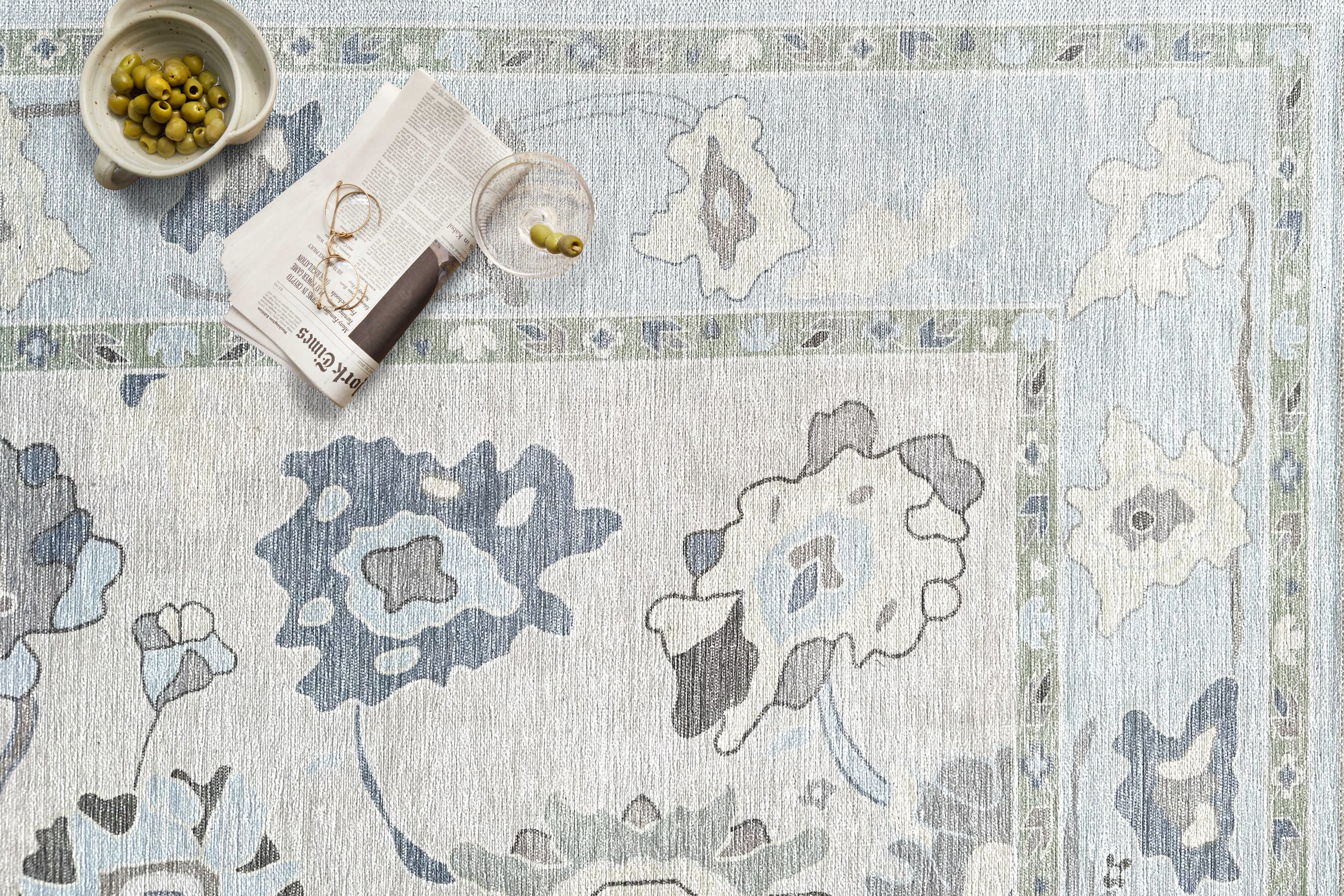 Aveline Faded Cream Blue Floral Oushak Rug-Oushak Rug-famerugs-2'x3' ft 60x90cm-fame