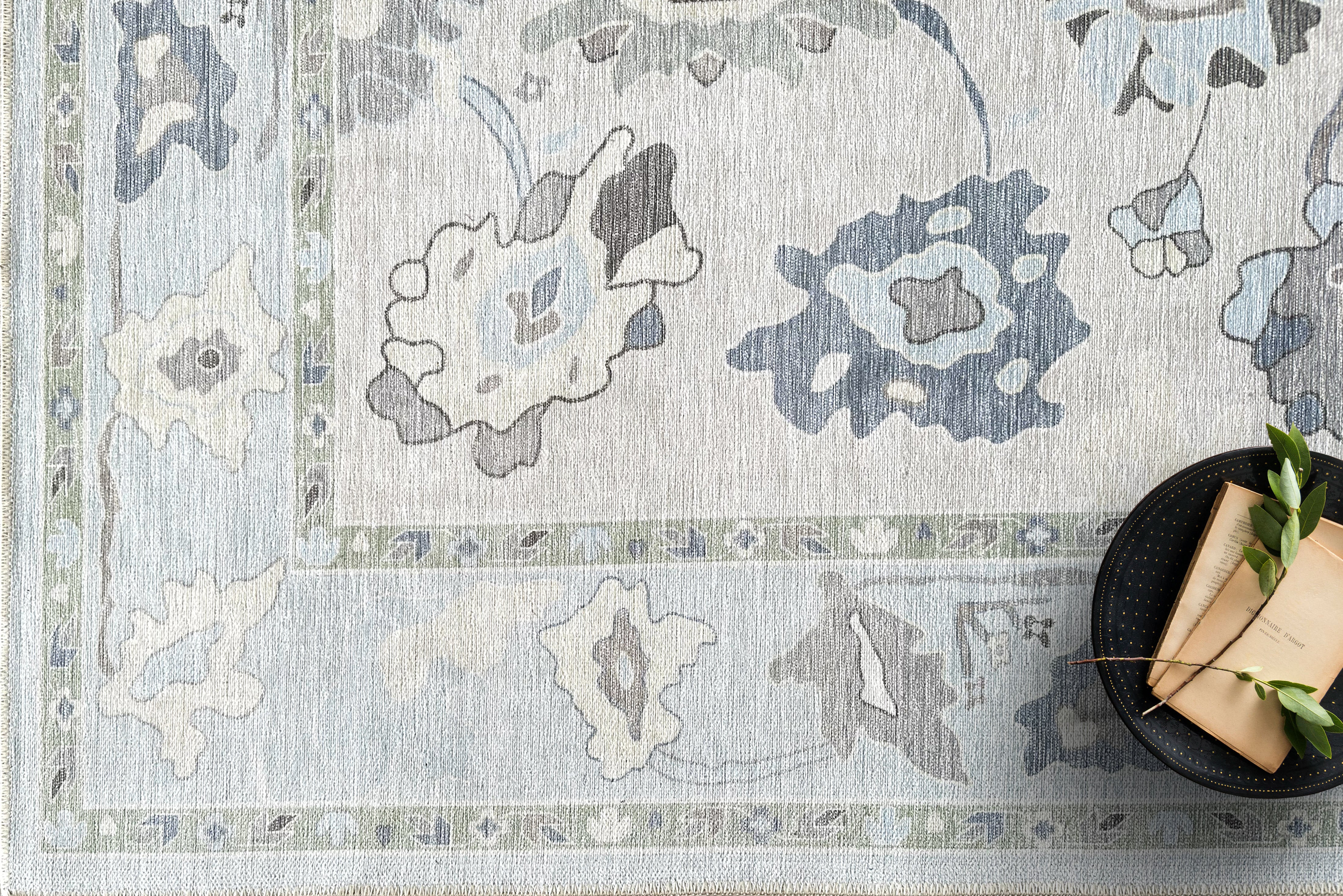 Aveline Faded Cream Blue Floral Oushak Rug-Oushak Rug-famerugs-2'x3' ft 60x90cm-fame