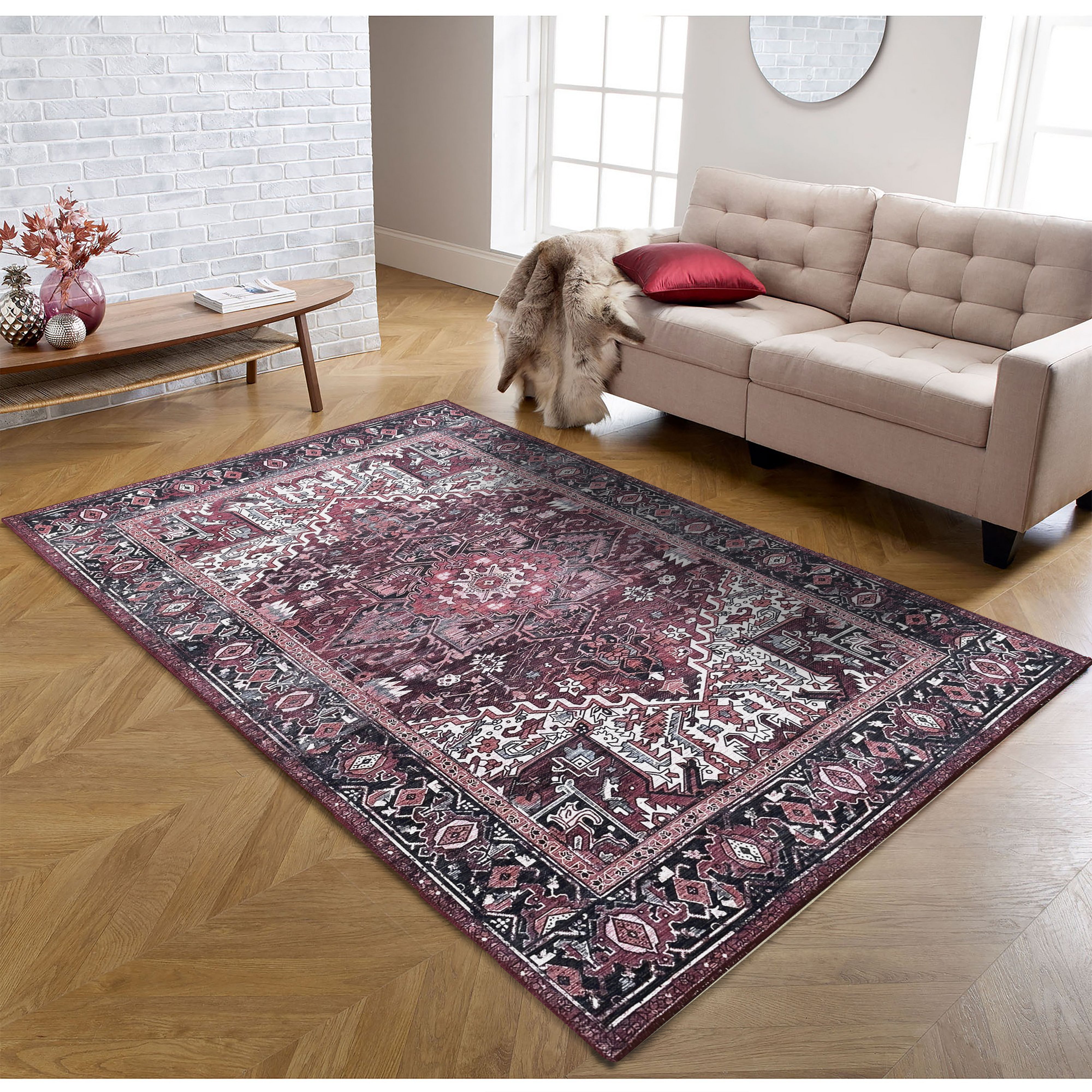 Avla Burgundy Red Floral Heriz Persian Rug-Area Rugs-famerugs-2'x3' ft 60x90 cm-fame