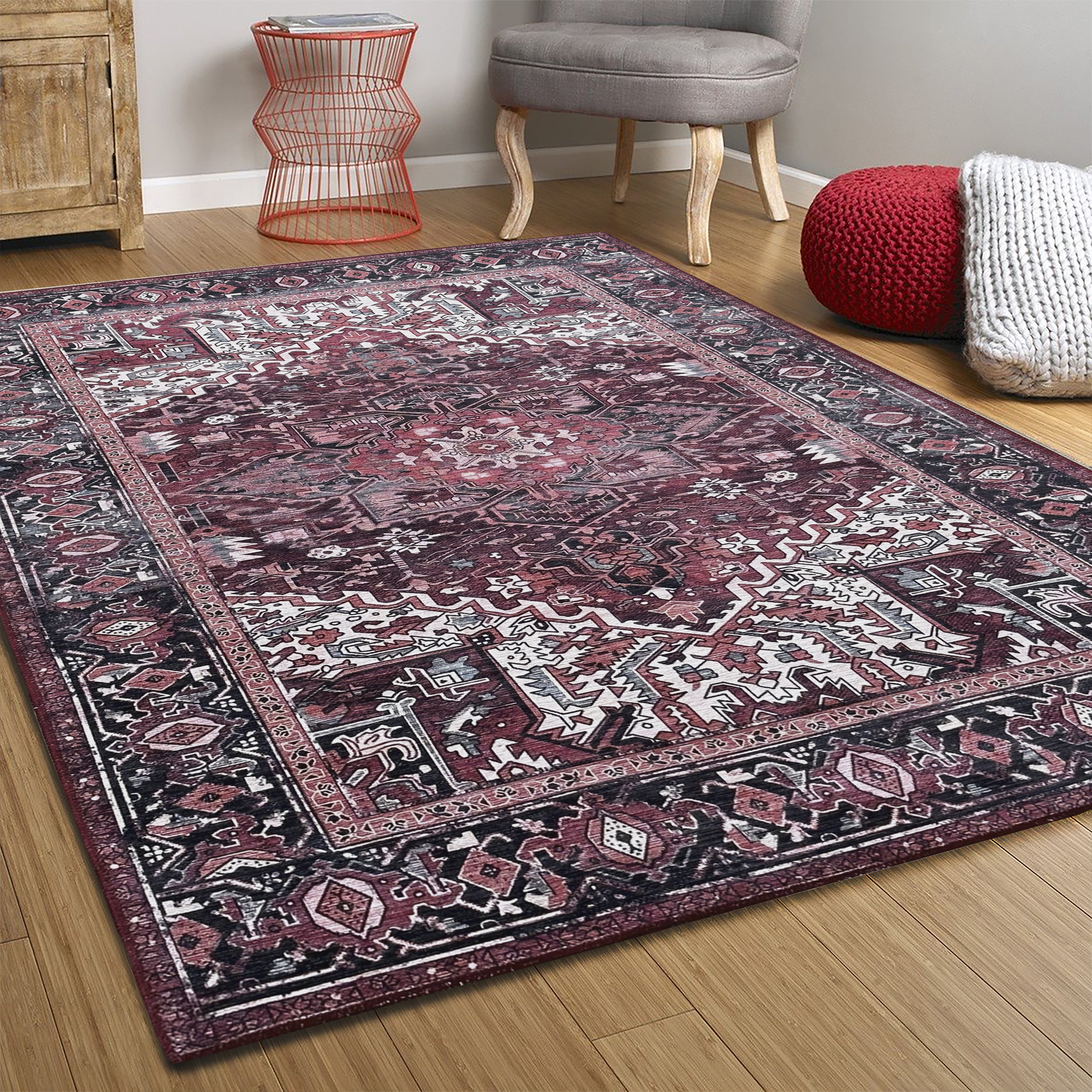 Avla Burgundy Red Floral Heriz Persian Rug-Area Rugs-famerugs-2'x3' ft 60x90 cm-fame