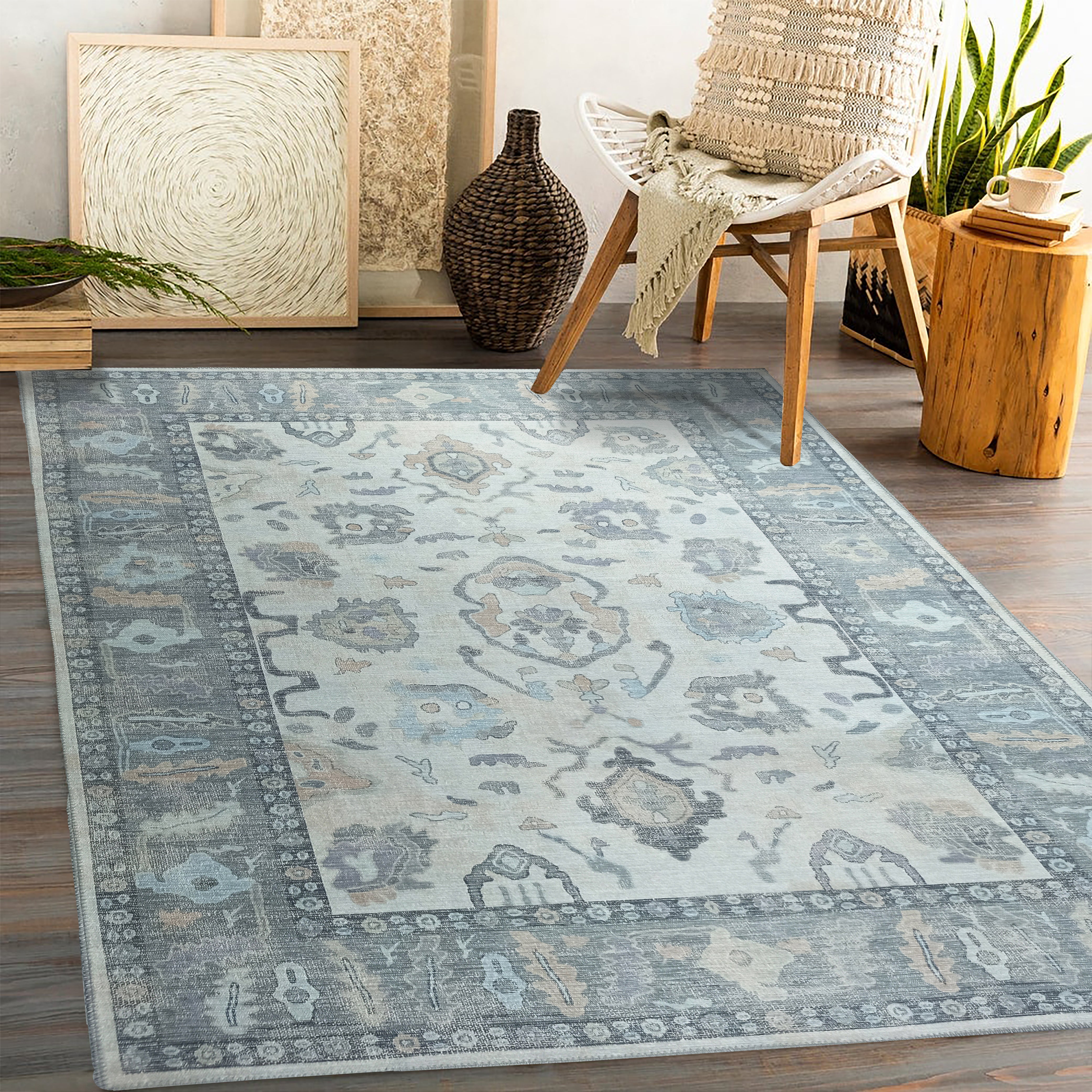 Delphine Gray, Beige & Ivory Modern Oushak Rug-famerugs-2&#39;x3&#39; ft 60x90cm-fame