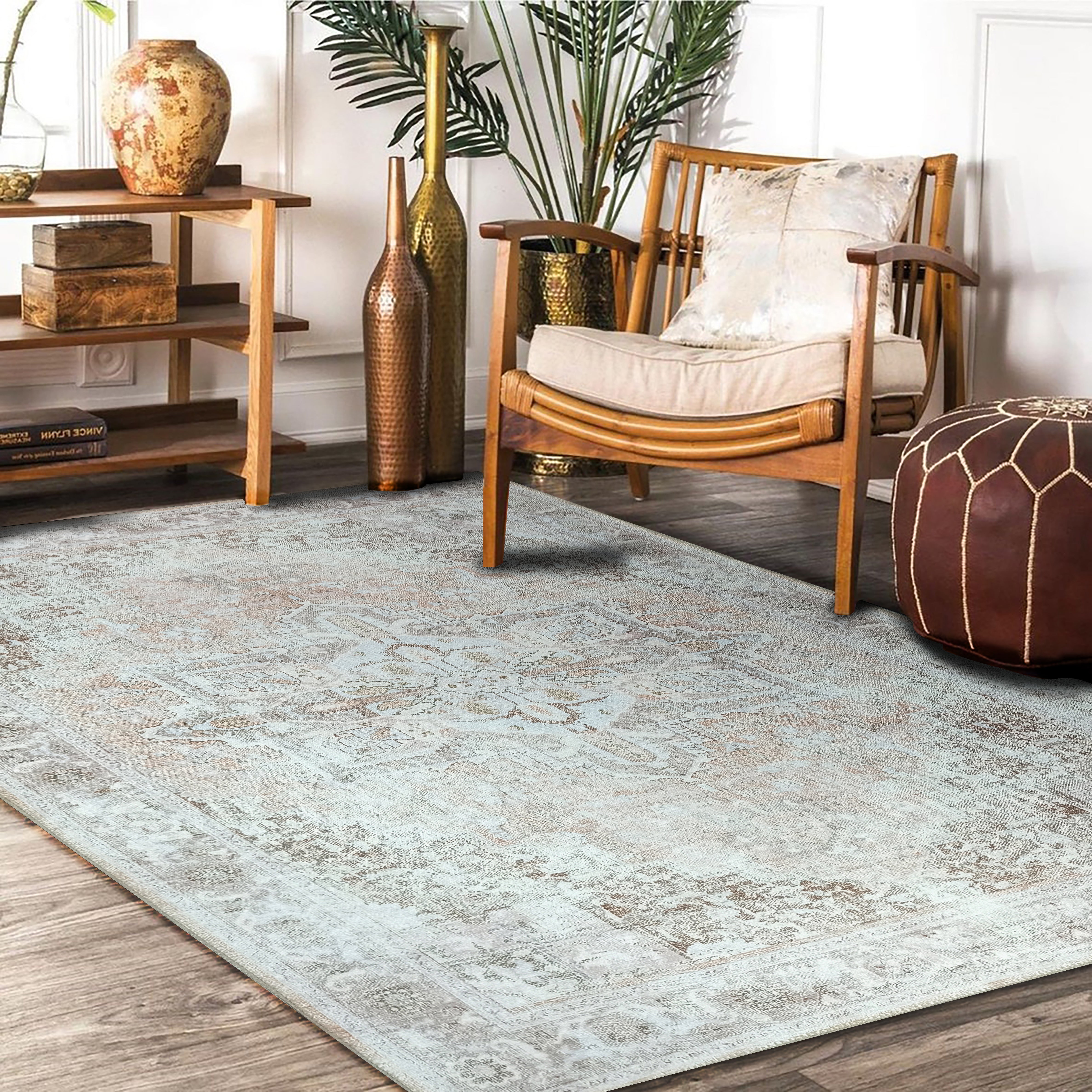 Doria Distressed Persian Heriz Muted Brown Beige Rug-famerugs-2&#39;x3&#39; ft 60x90cm-fame