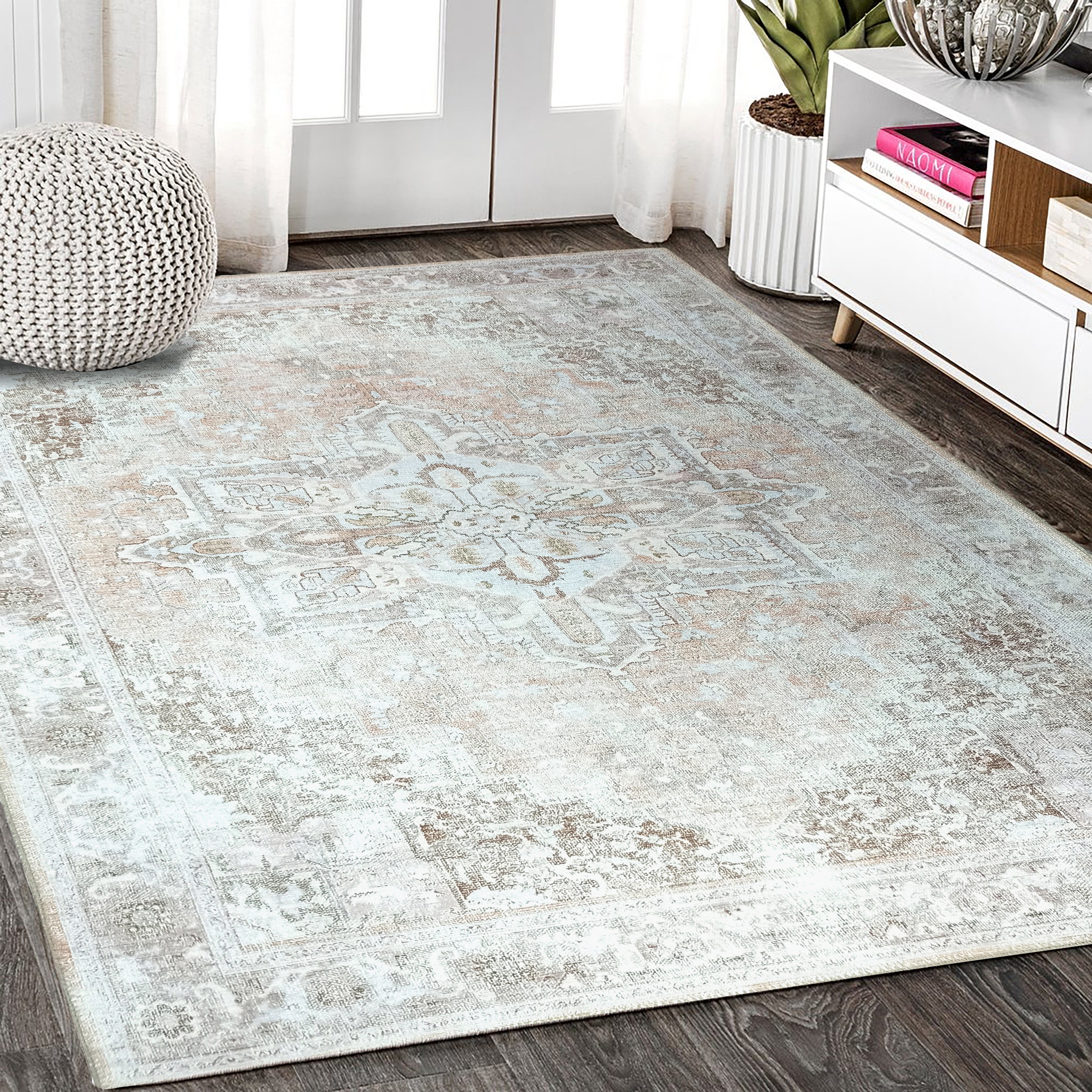 Doria Distressed Persian Heriz Muted Brown Beige Rug-famerugs-2&#39;x3&#39; ft 60x90cm-fame