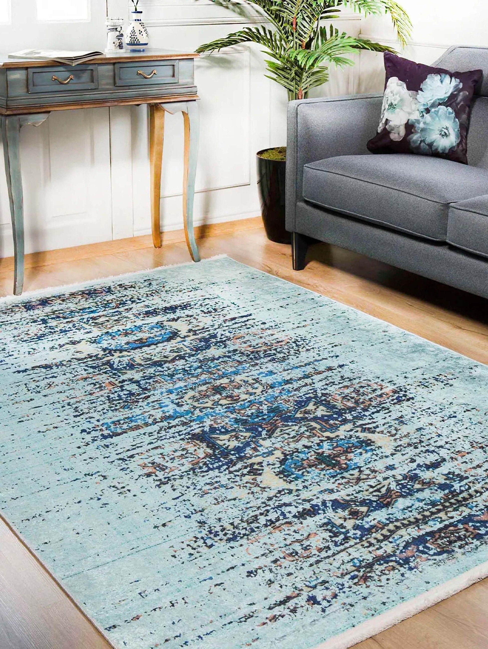 Efet Distressed Blue Turkish Rug-Fame Rugs-2'x3'ft 60x90cm-fame