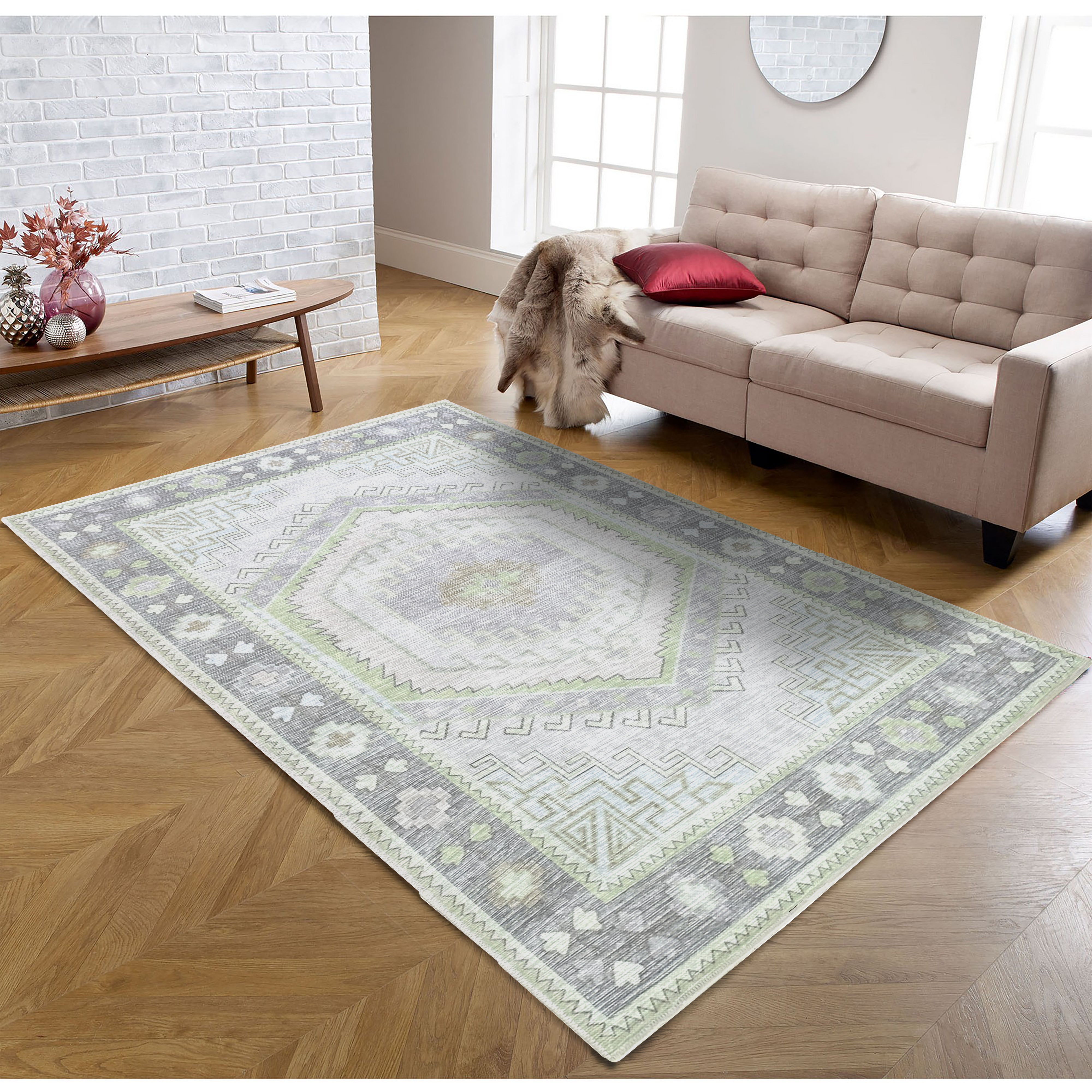 Eloise Faded Pastel Green Modern Oushak Rug-Area Rugs-famerugs-2'x3' ft 60x90cm-fame