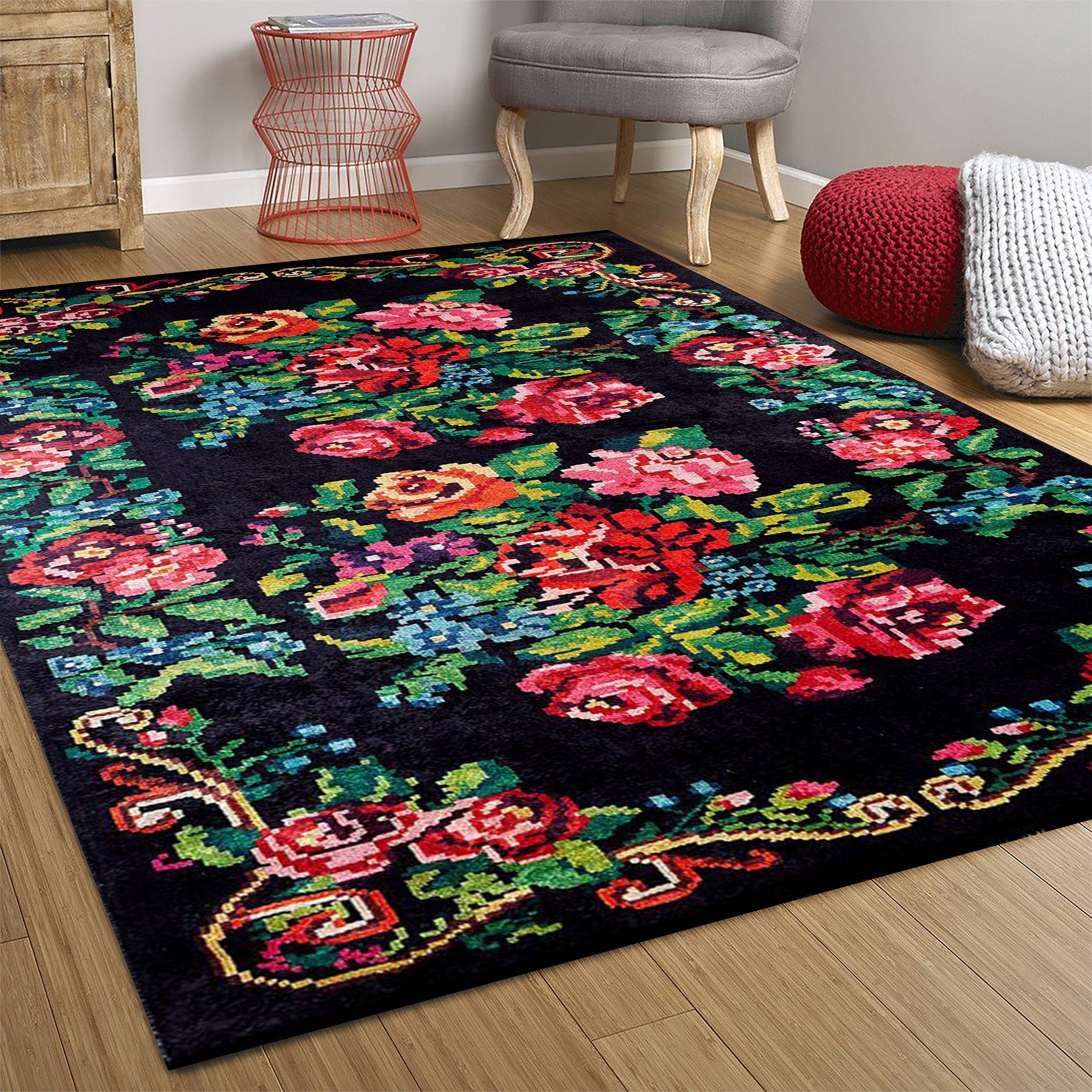 Floria Rose Black Karabagh Kilim Rug-Fame Rugs-2'x3'ft 60x90cm-fame