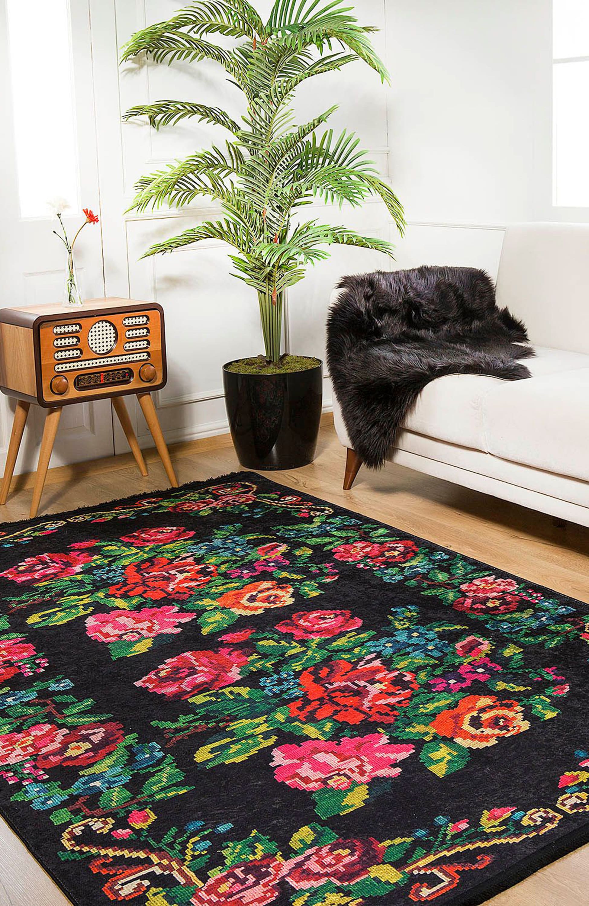 Floria Rose Black Karabagh Kilim Rug-Fame Rugs-2'x3'ft 60x90cm-fame