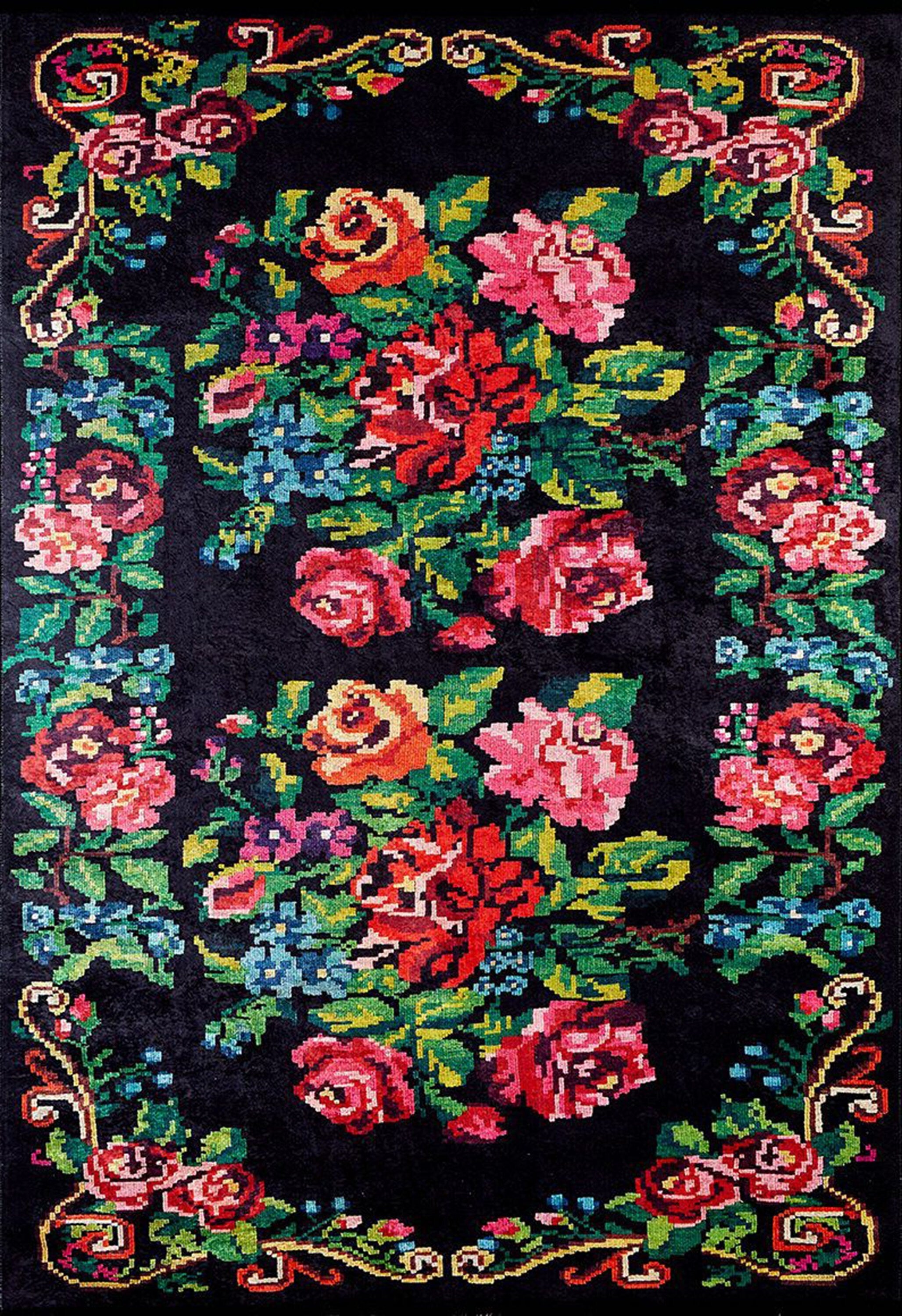 Floria Rose Black Karabagh Kilim Rug-Fame Rugs-2'x3'ft 60x90cm-fame