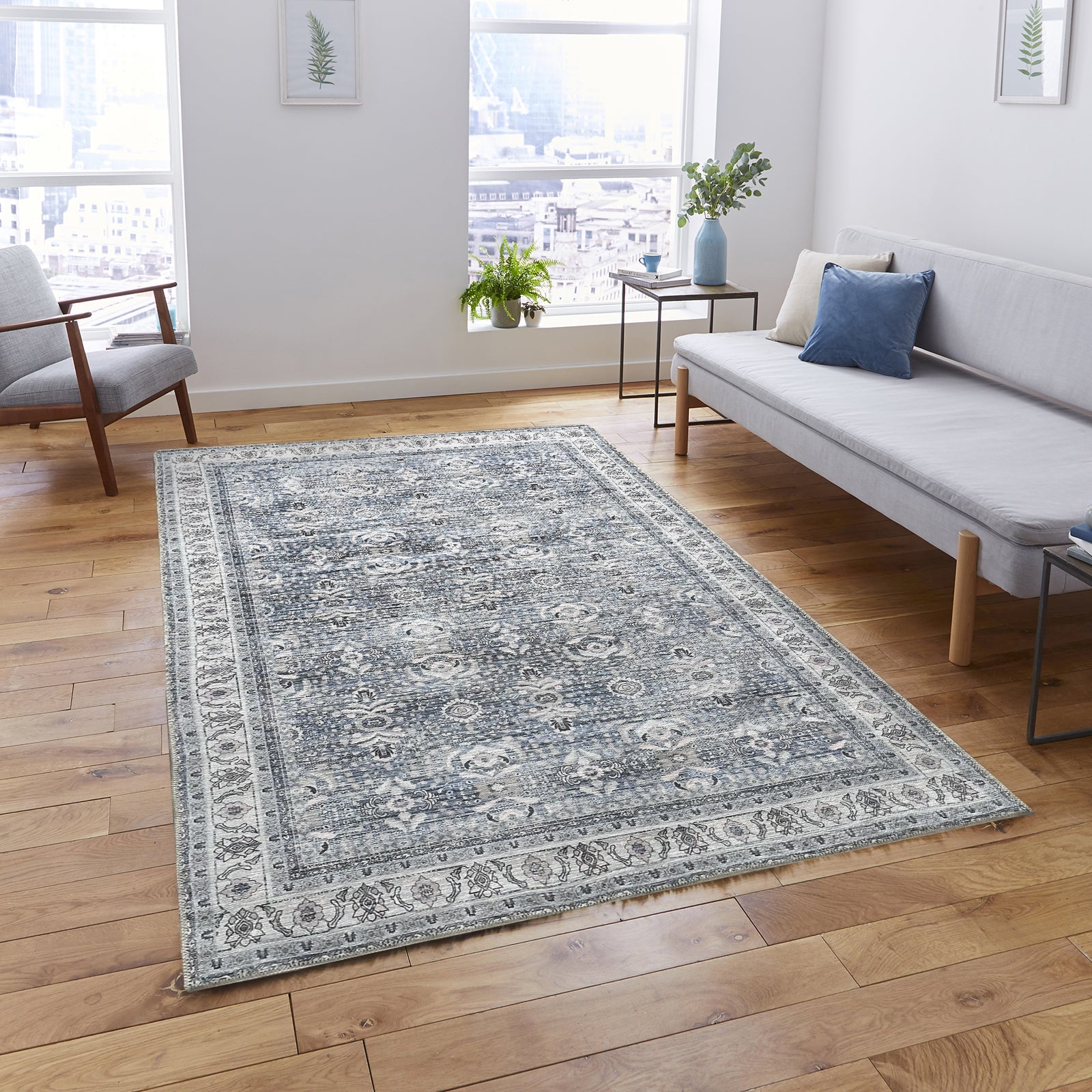 Jayla Modern Turkish Floral Cream Blue Rug-Area Rugs-famerugs-2'x3' ft 60x90cm-fame