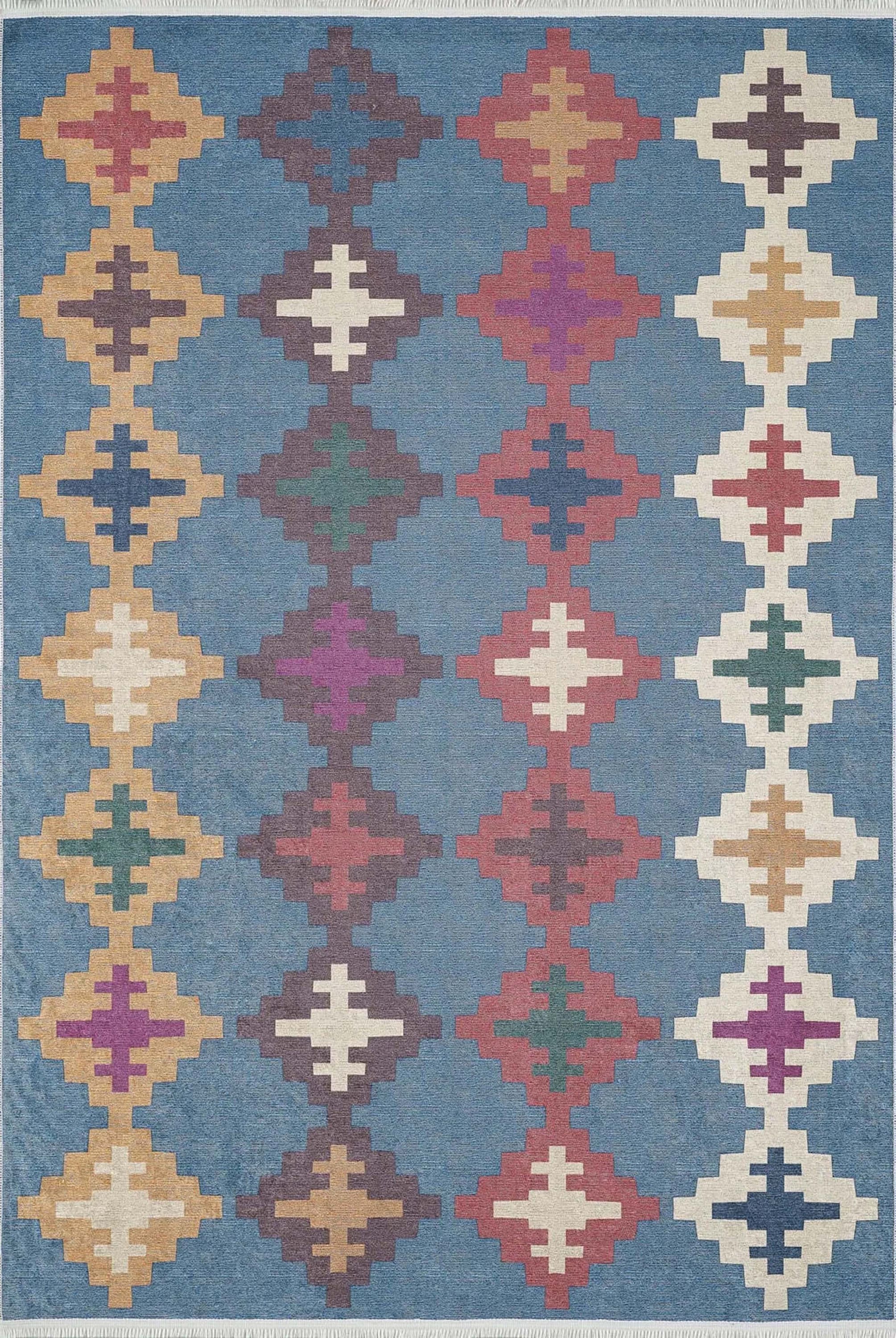 Jinwa Turkish Kilim Beige Blue Rug-Fame Rugs-2'x3'ft 60x90cm-Beige-fame