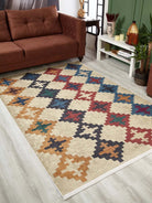 Jinwa Turkish Kilim Beige Blue Rug-Fame Rugs-2'x3'ft 60x90cm-Beige-fame