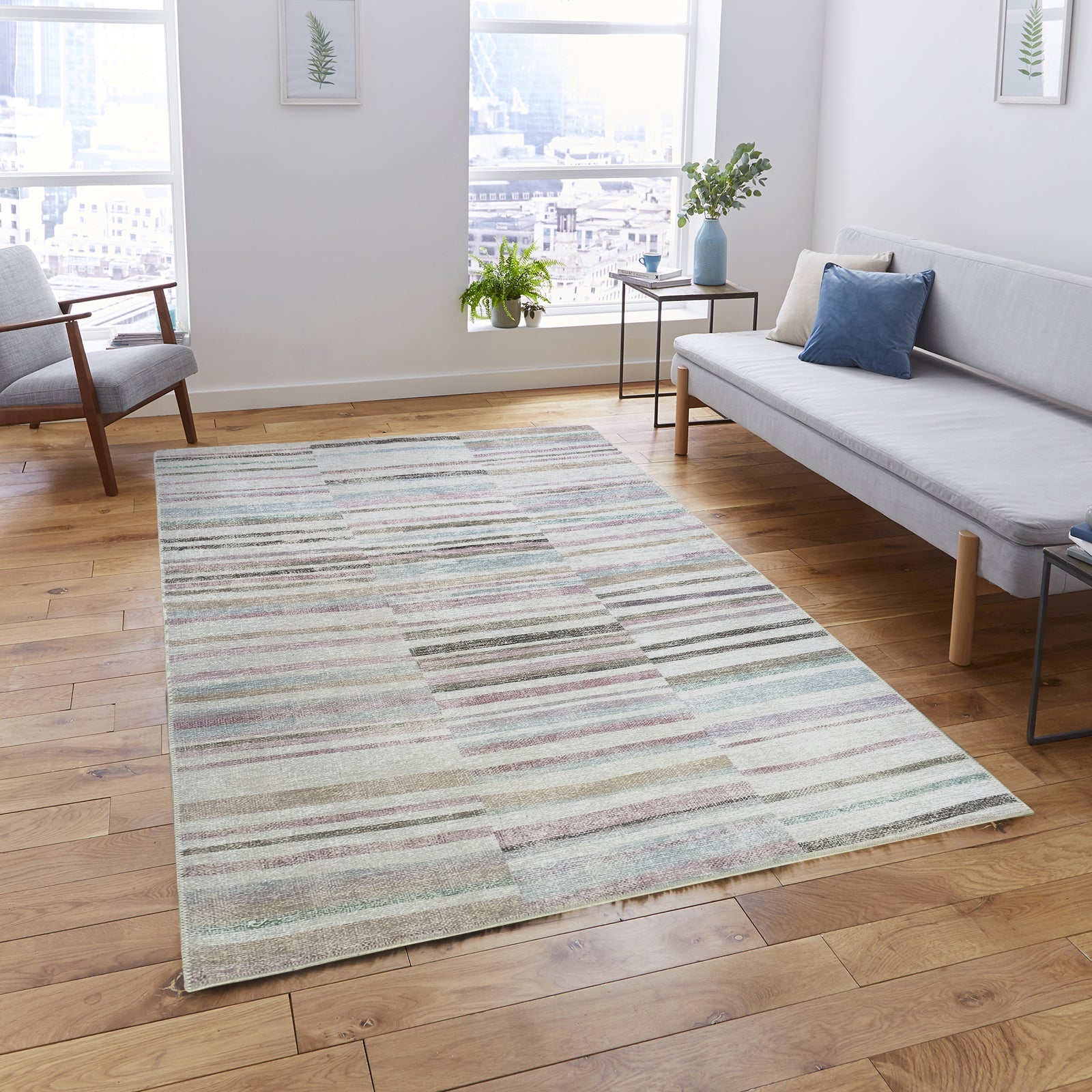 Kalia Faded Modern Turkish Striped Colorful Rug-Area Rugs-famerugs-2'x3' ft 60x90cm-fame