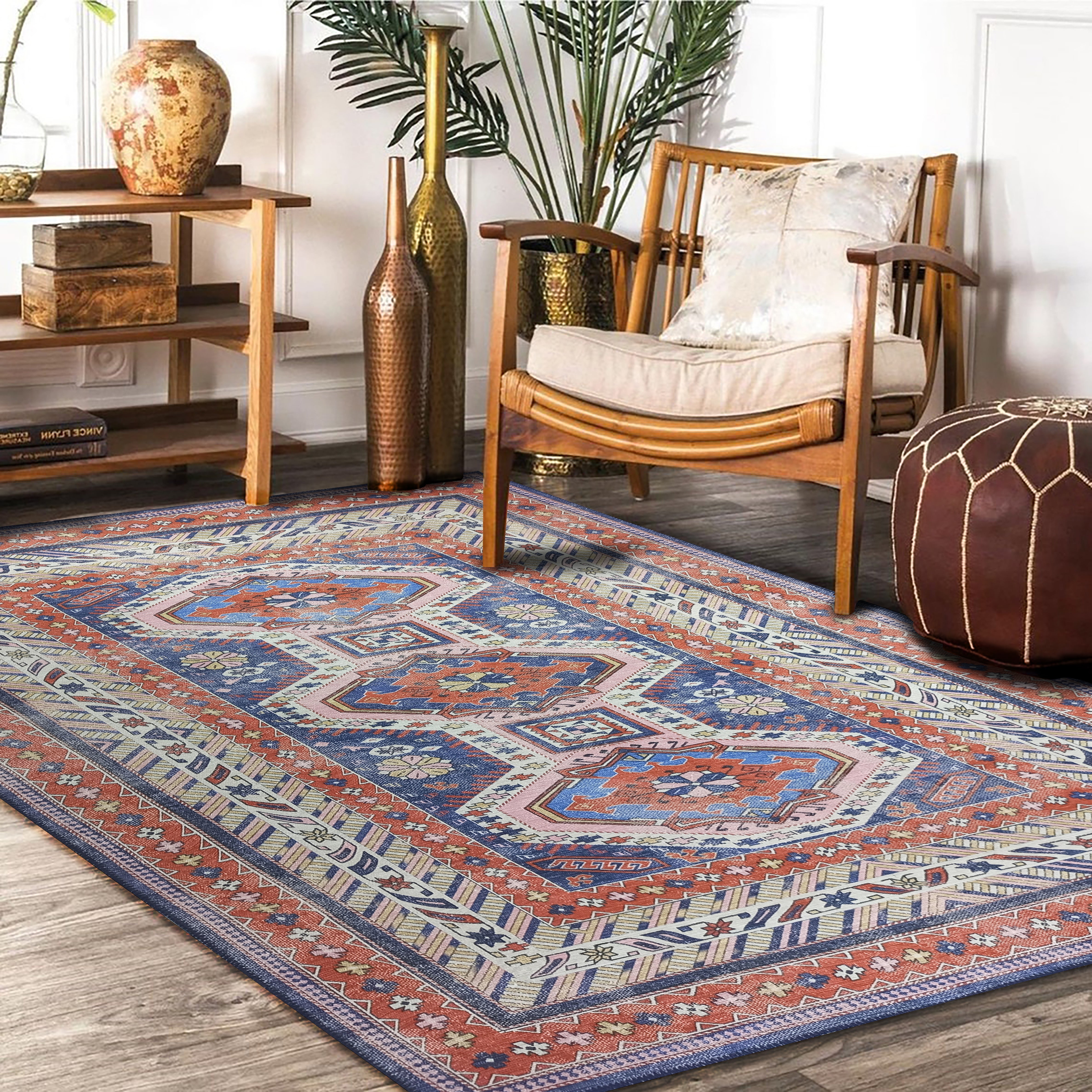 Kazak Vintage Blue Rust Oriental Rug-famerugs-2&#39;x3&#39; ft 60x90cm-fame