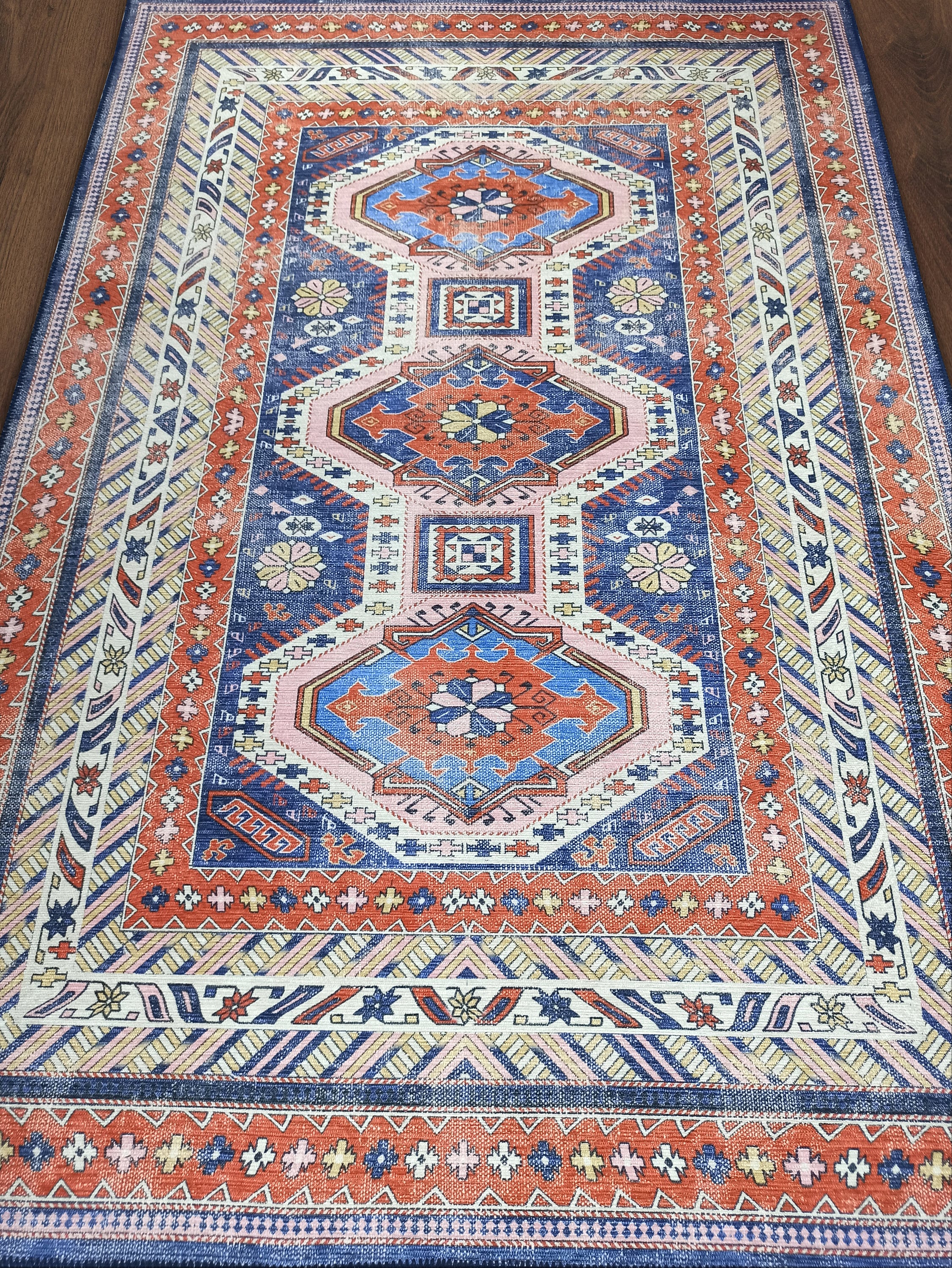 Kazak Vintage Blue Rust Oriental Rug-famerugs-2&#39;x3&#39; ft 60x90cm-fame