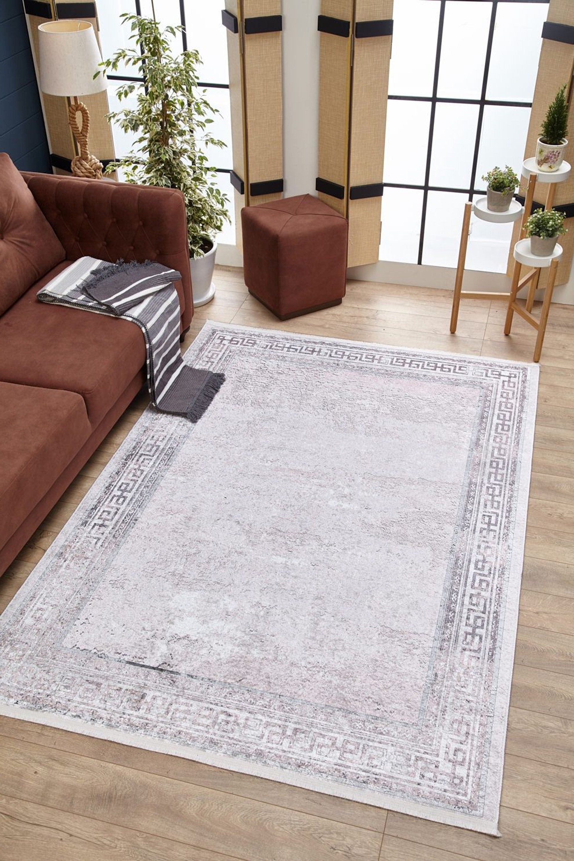 Key Geometric White Light Pink Gray Rug-Fame Rugs-2'x3'ft 60x90cm-fame