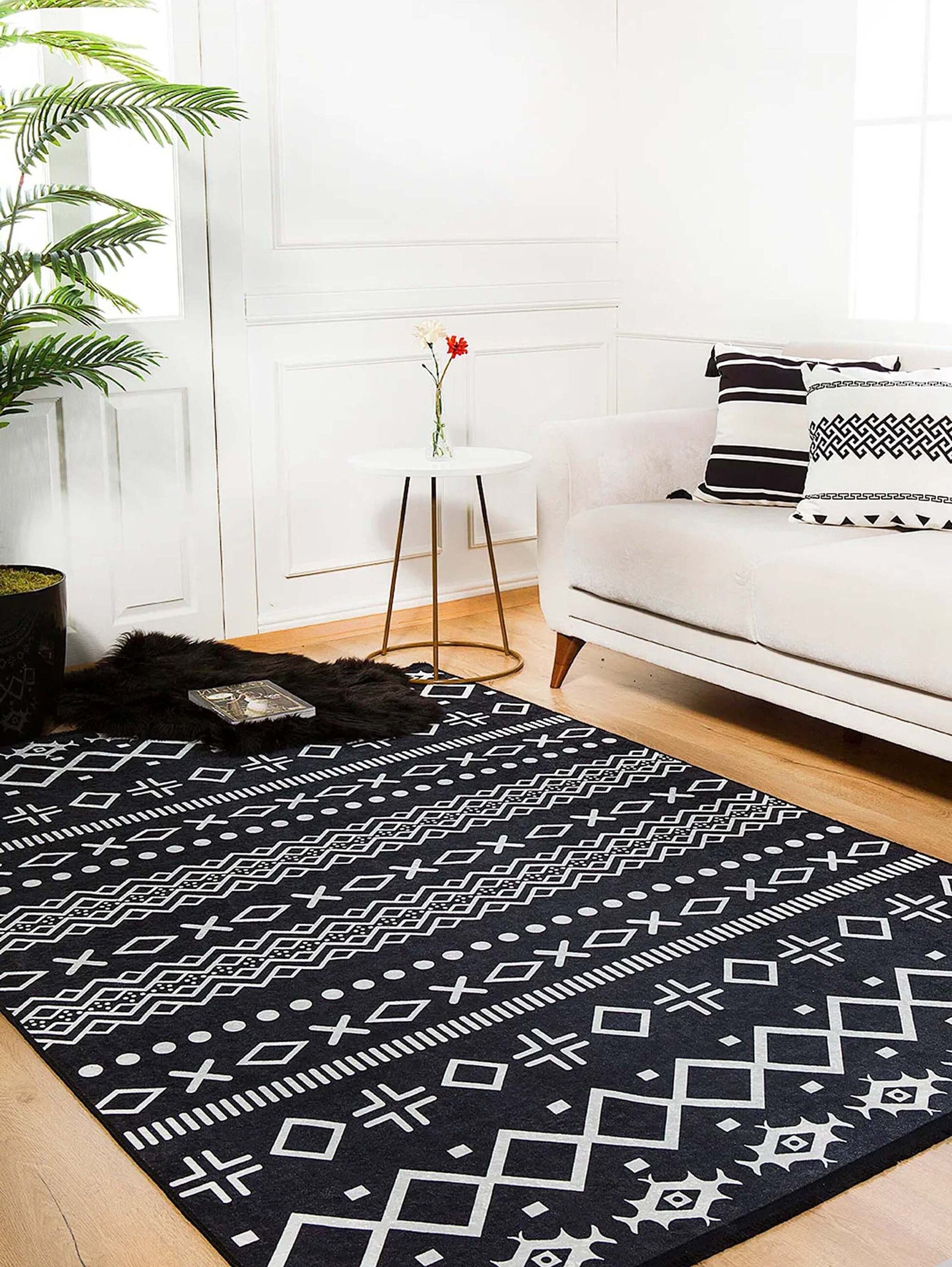 Lana Boho Aztec Black White Rug-Fame Rugs-2'x3'ft 60x90cm-Black-fame