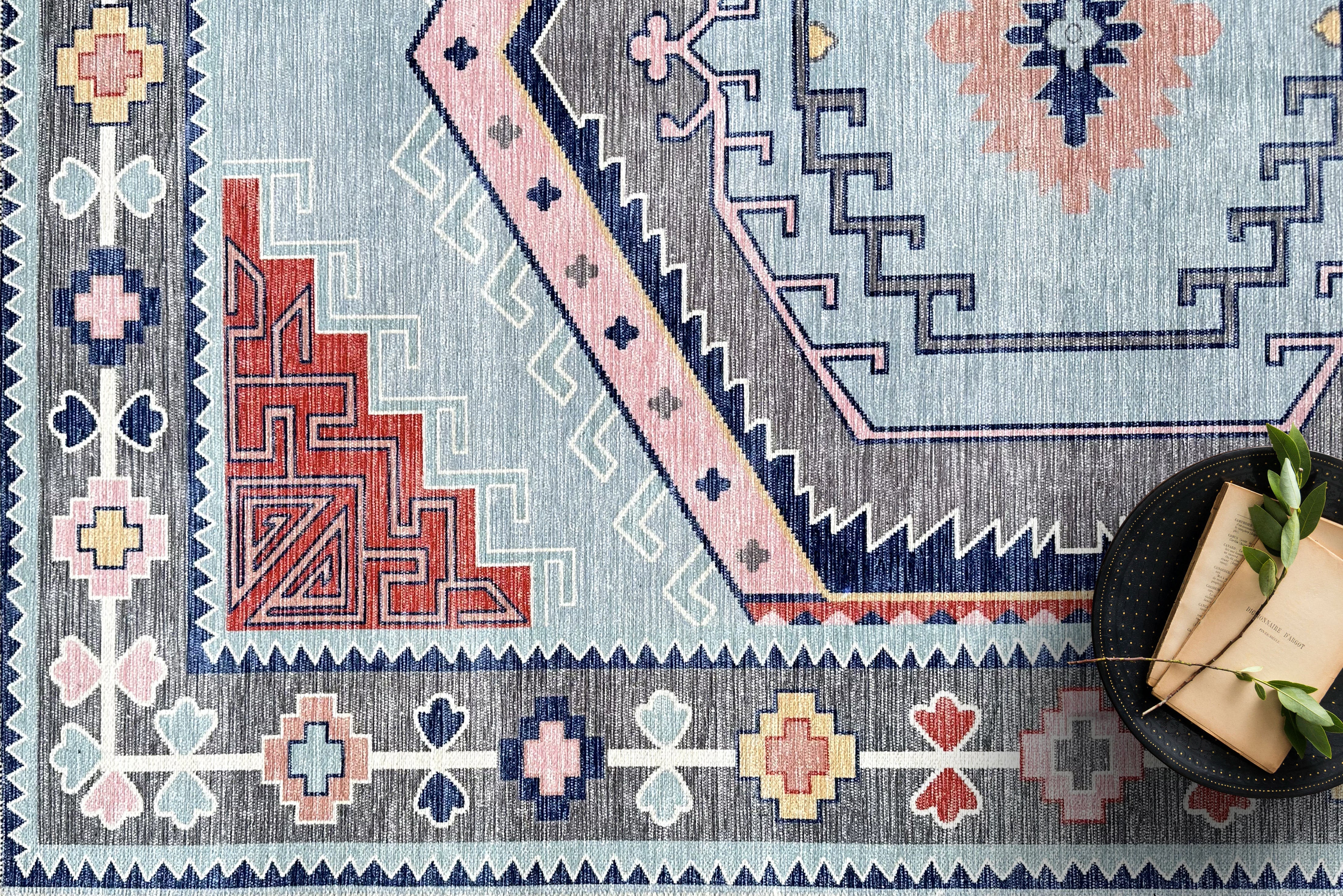 Leena Blue Colorful Aesthetic Oushak Rug-Area Rugs-famerugs-2'x3' ft 60x90 cm-fame