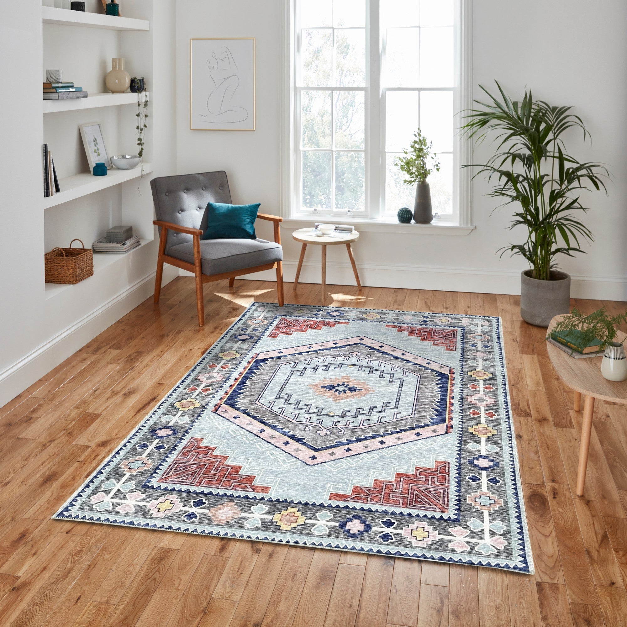 Leena Blue Colorful Aesthetic Oushak Rug-Area Rugs-famerugs-2'x3' ft 60x90 cm-fame