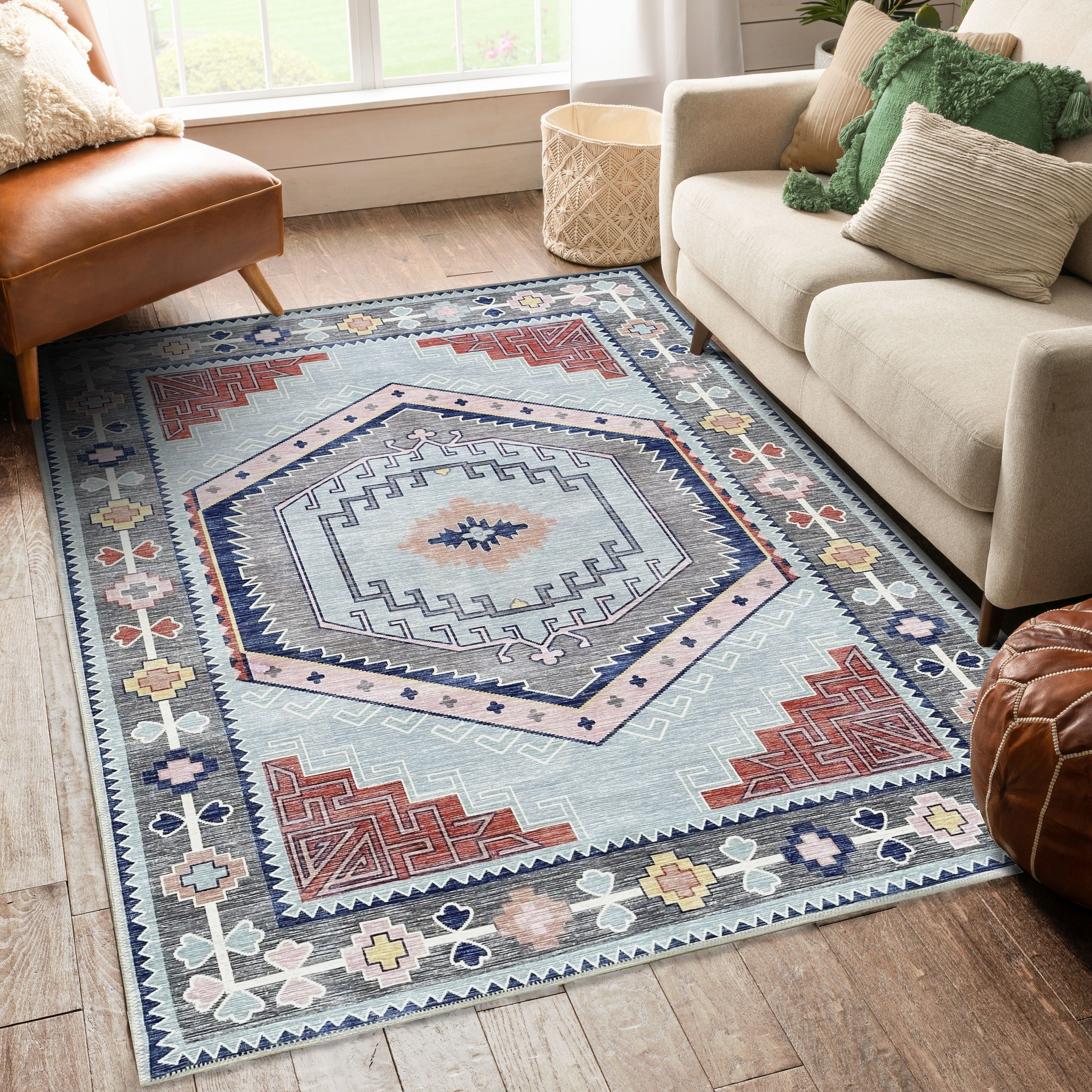 Leena Blue Colorful Aesthetic Oushak Rug-Area Rugs-famerugs-2'x3' ft 60x90 cm-fame