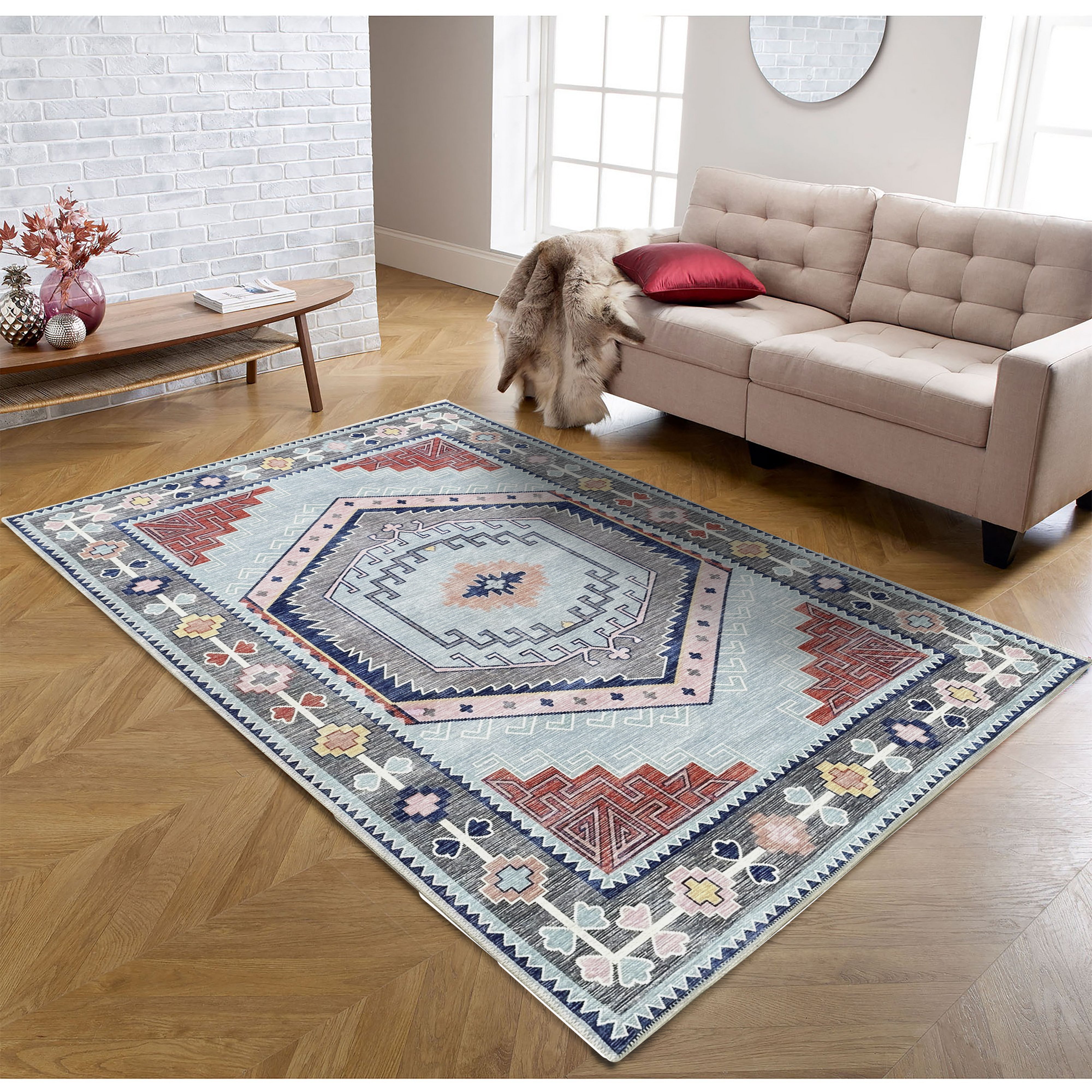 Leena Blue Colorful Aesthetic Oushak Rug-Area Rugs-famerugs-2'x3' ft 60x90 cm-fame