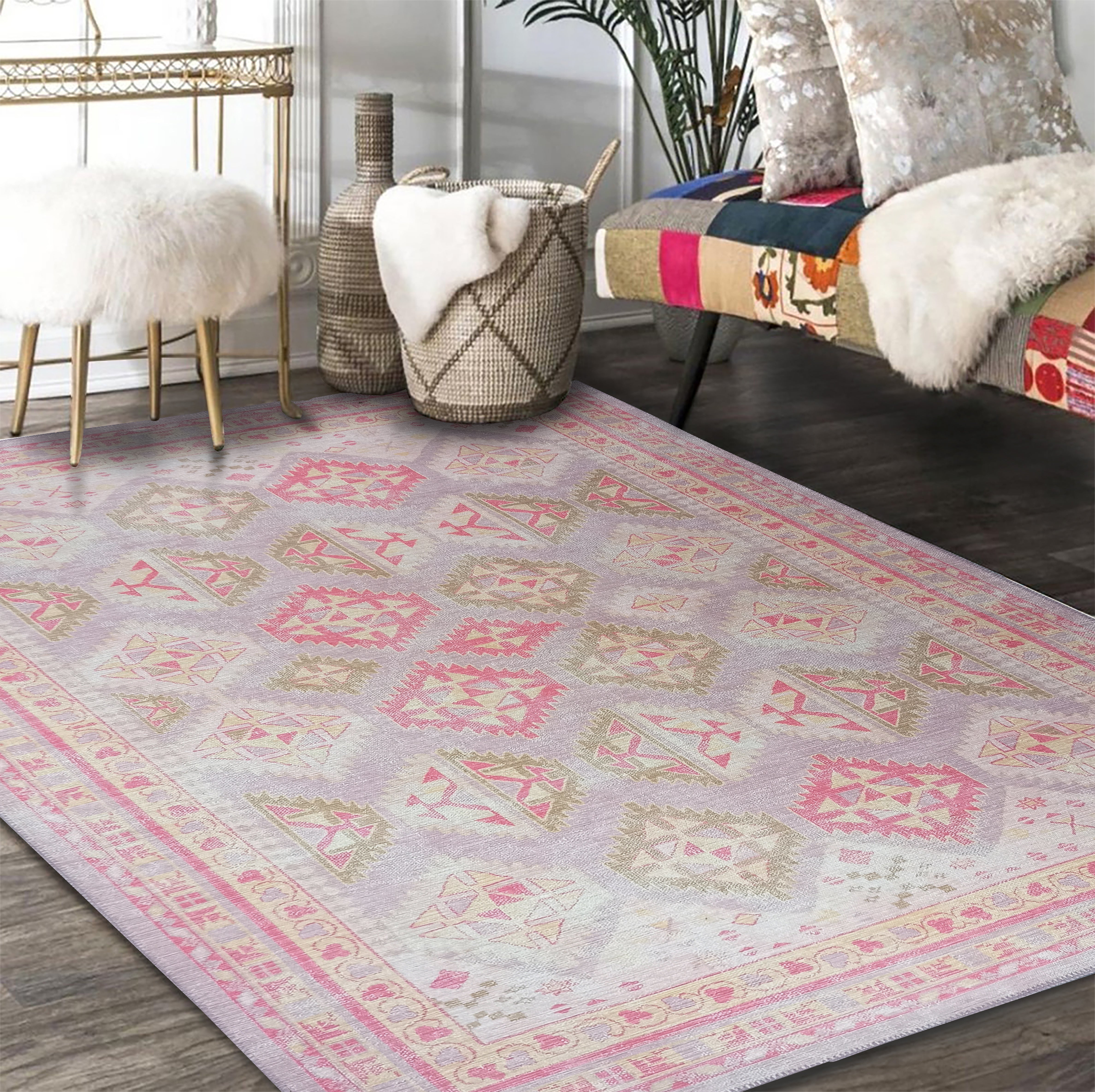 Lilac Purple Pink Herki Vintage Rug-famerugs-2&#39;x3&#39; ft 60x90cm-fame