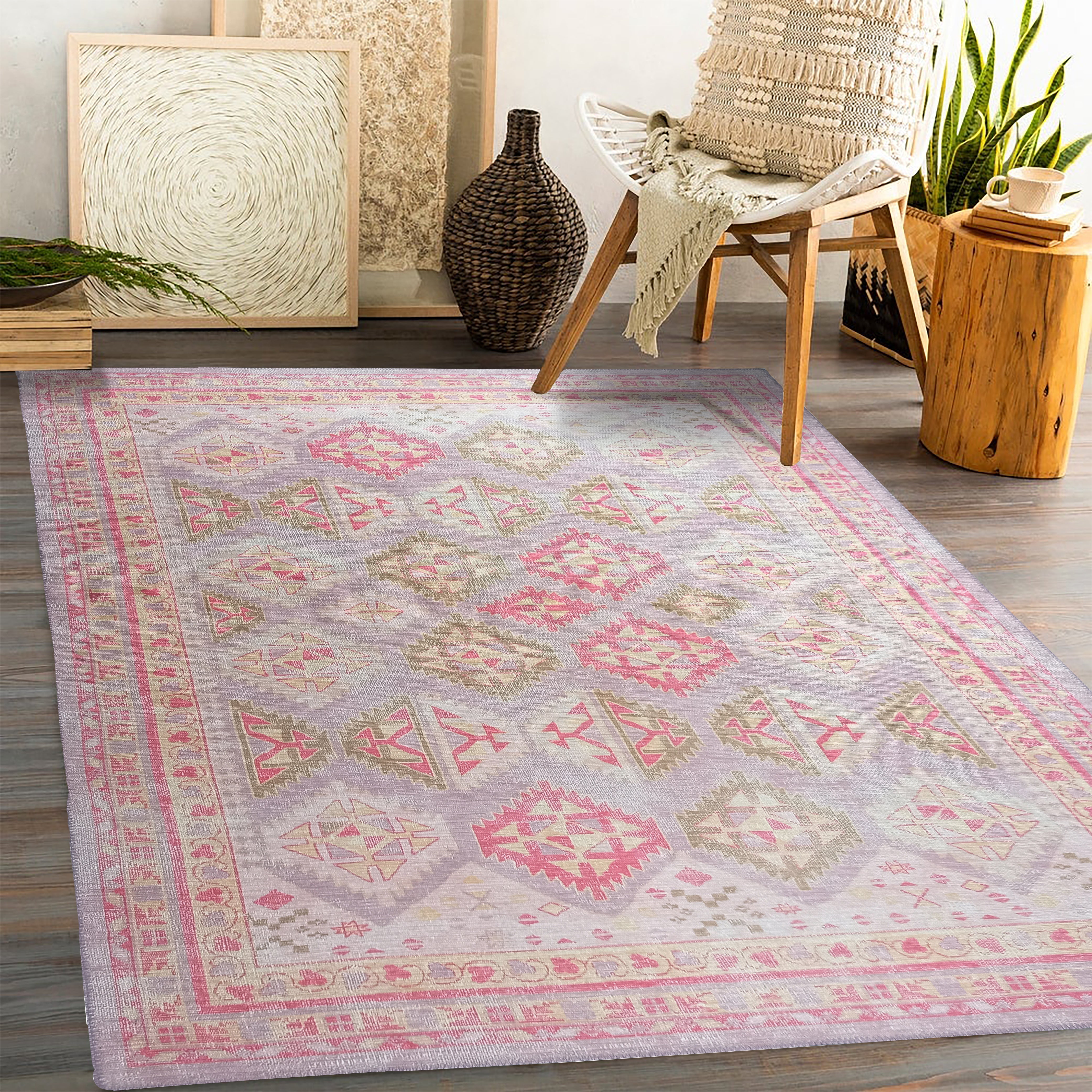 Lilac Purple Pink Herki Vintage Rug-famerugs-2&#39;x3&#39; ft 60x90cm-fame