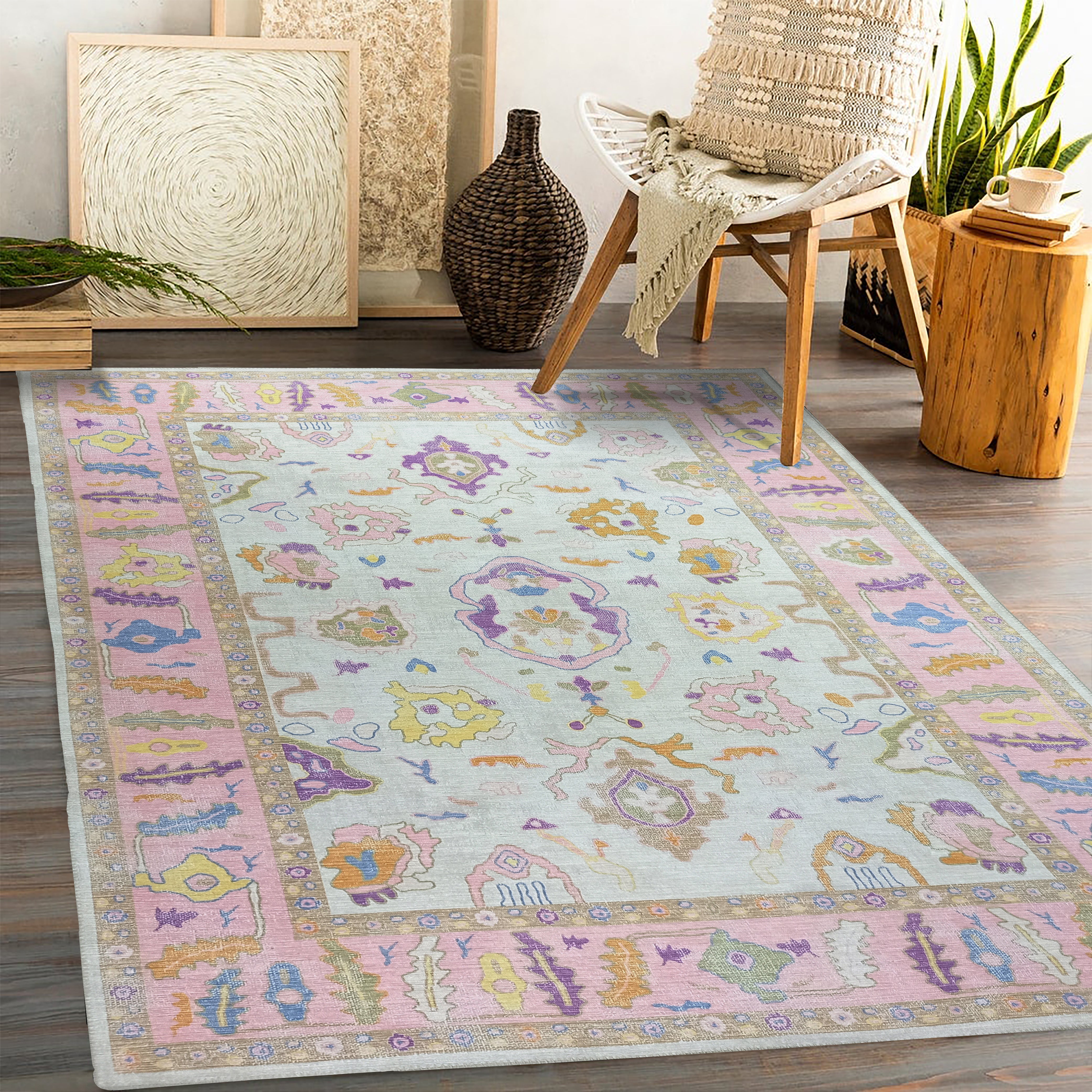 Luella Pastel Pink Cream Modern Oushak Rug-famerugs-2&#39;x3&#39; ft 60x90cm-fame