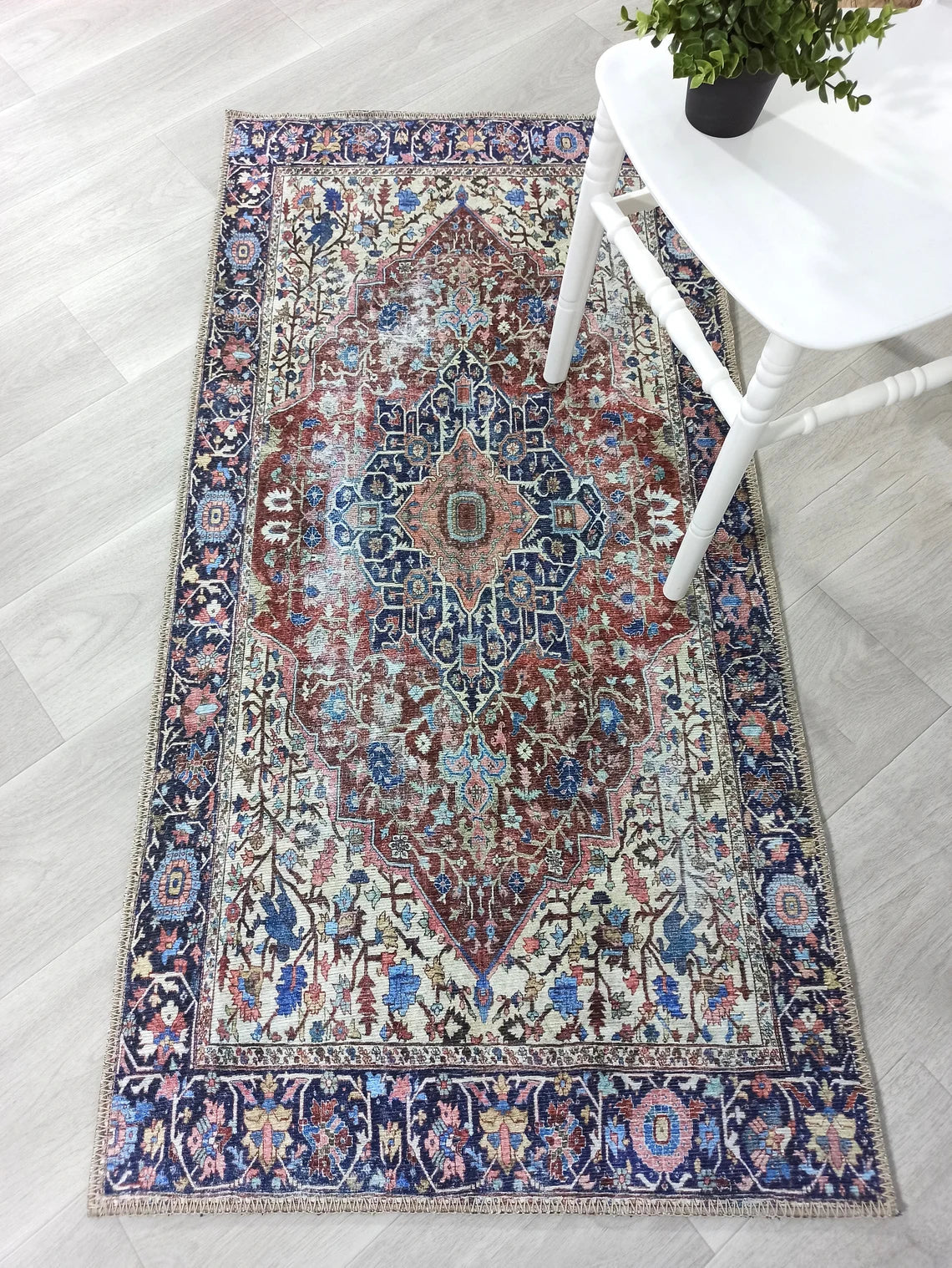 Mero Rug Persian Medallion Distressed Navy Blue Brown Rug-Rugs-Fame Rugs-2'x3' ft 60x90 cm-fame