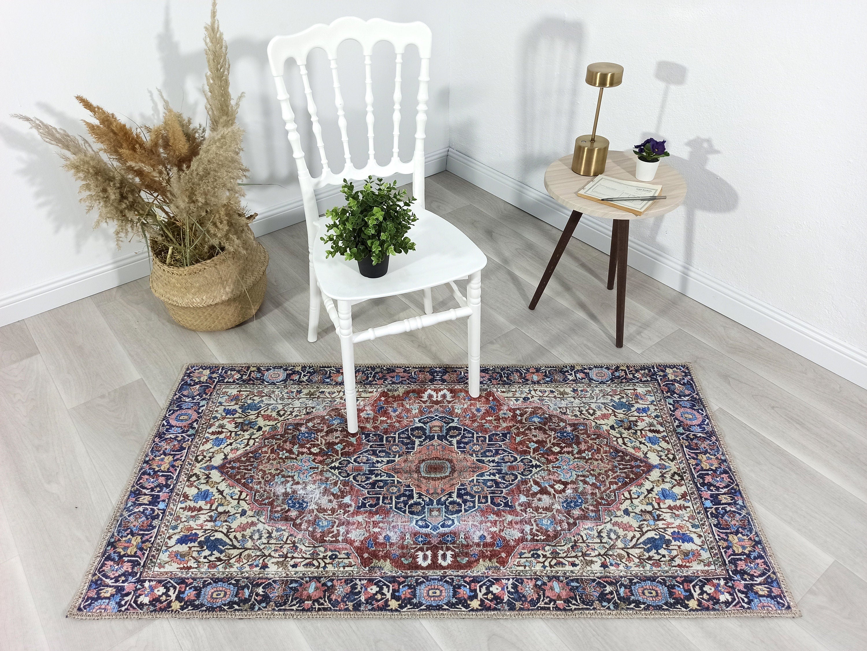 Mero Rug Persian Medallion Distressed Navy Blue Brown Rug-Rugs-Fame Rugs-2'x3' ft 60x90 cm-fame