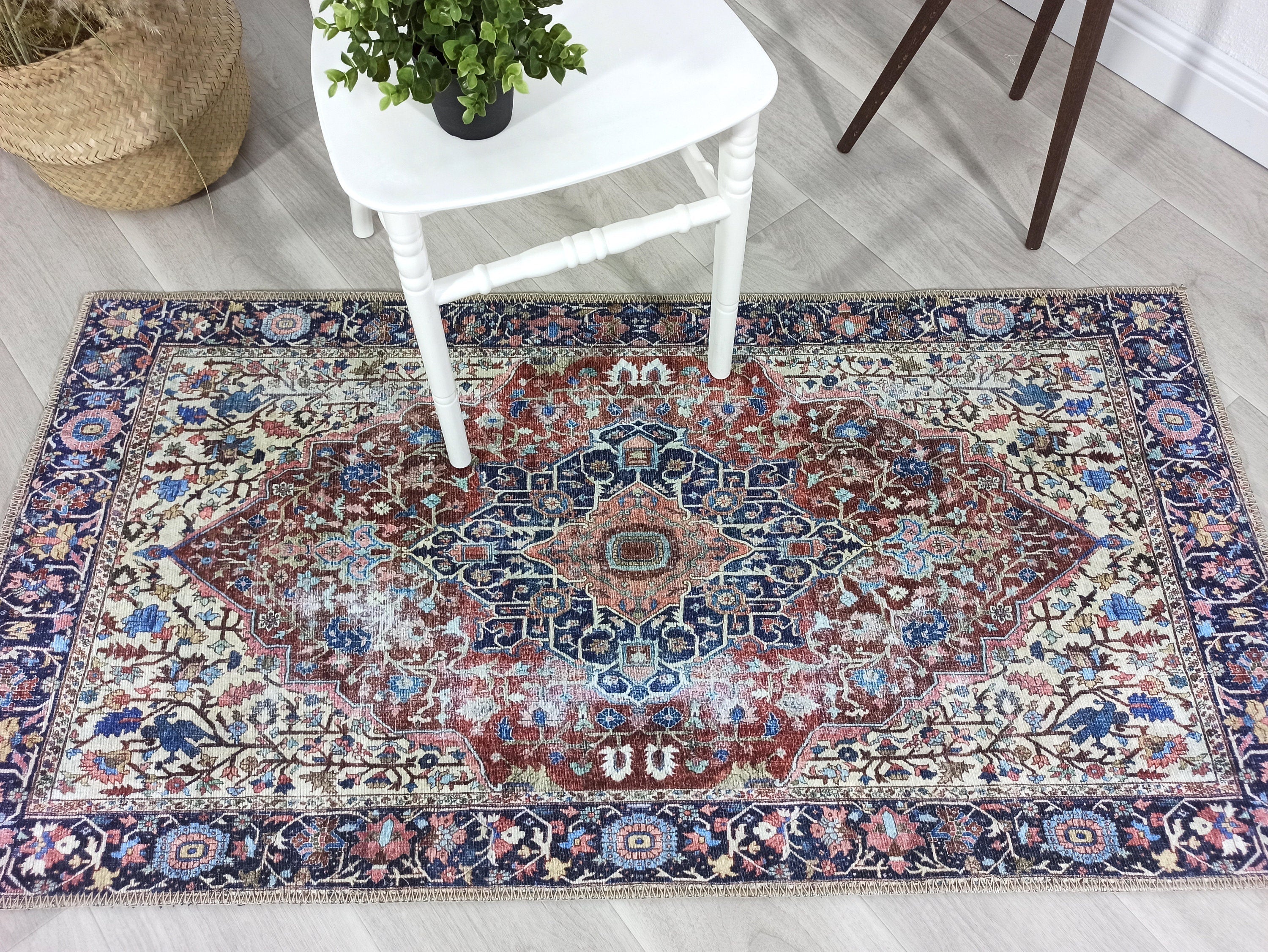 Mero Rug Persian Medallion Distressed Navy Blue Brown Rug-Rugs-Fame Rugs-2'x3' ft 60x90 cm-fame