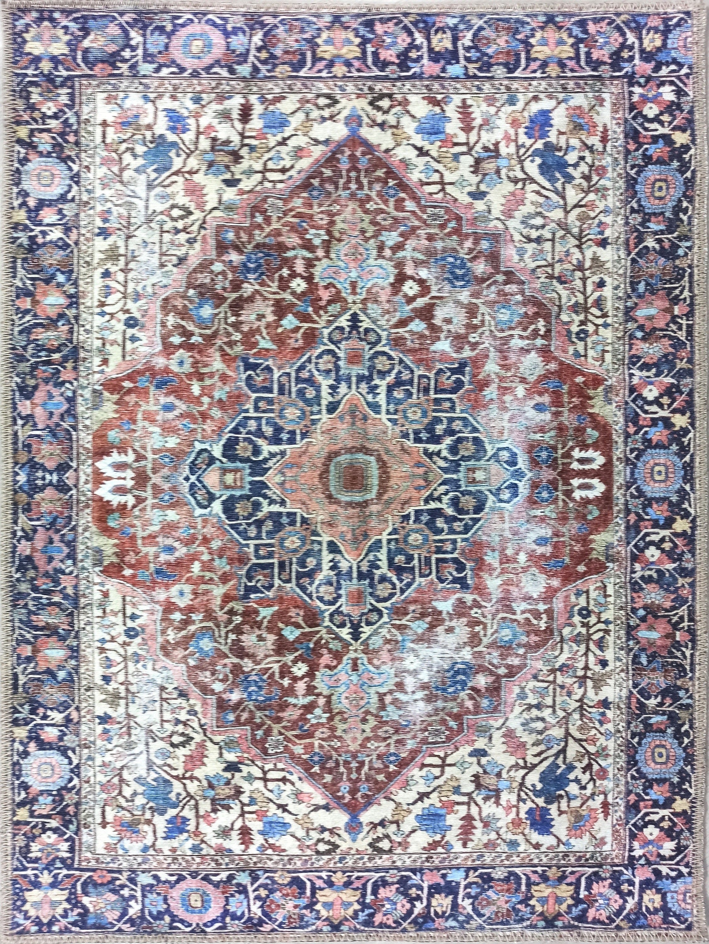 Mero Rug Persian Medallion Distressed Navy Blue Brown Rug-Rugs-Fame Rugs-2'x3' ft 60x90 cm-fame