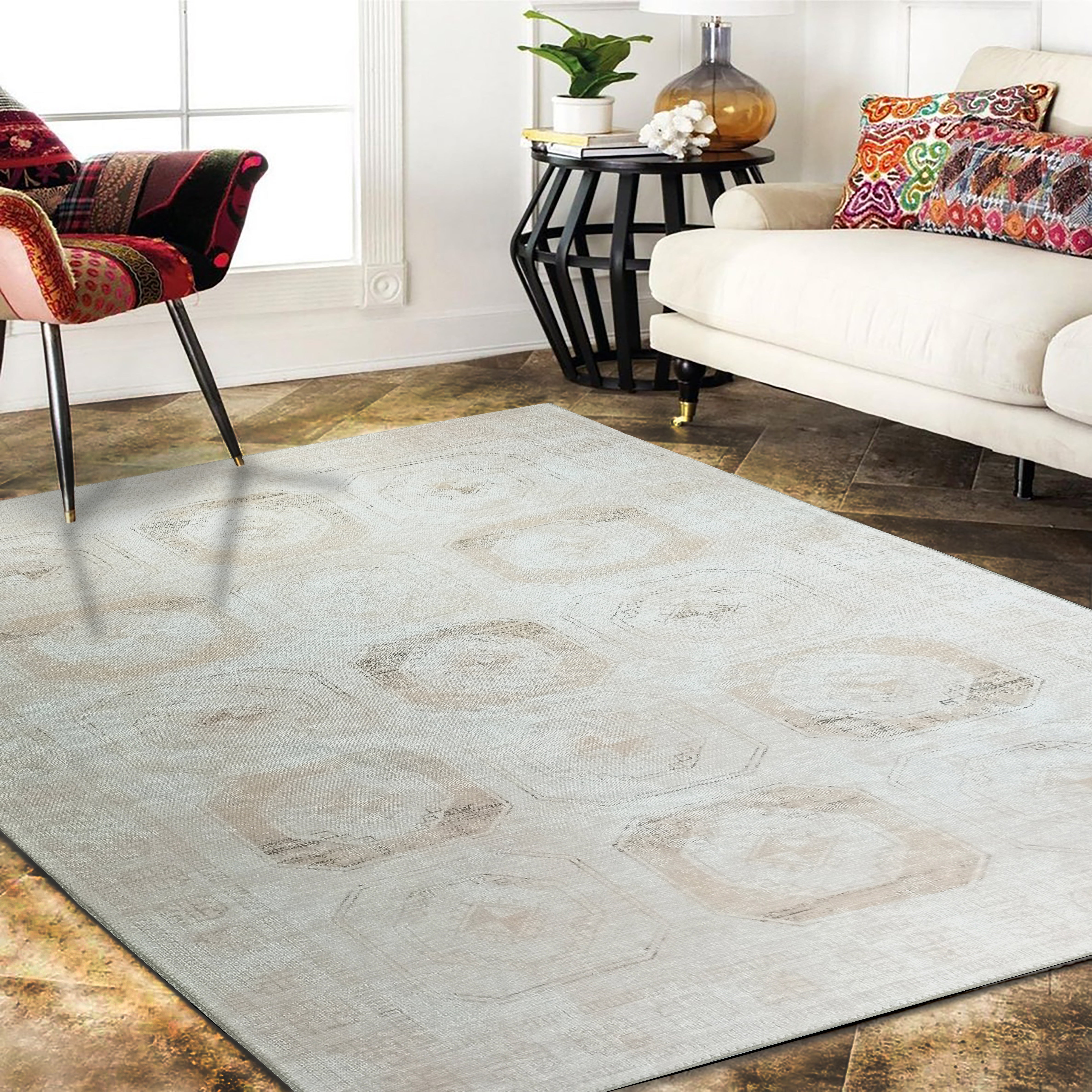 Muted Vintage Natural Rug, Shades of Beige Boho Neutral Turkish Geometric Antique Inspired Area Rugs, Distressed Living room Bedroom Nursery-famerugs-2&#39;x3&#39; ft 60x90cm-fame