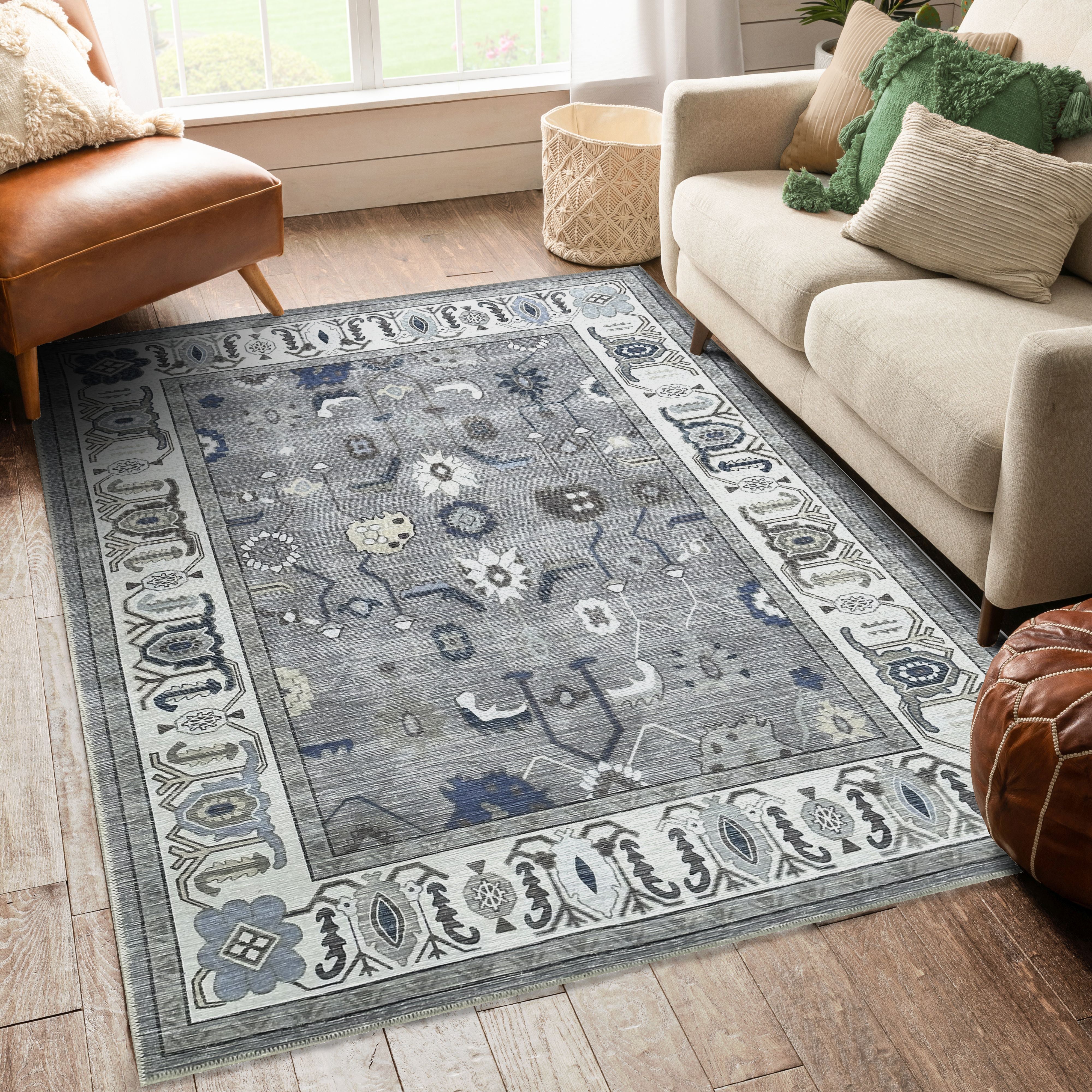 Naila Dark Gray Navy Blue Modern Oushak Rug-Area Rugs-famerugs-2'x3' ft 60x90cm-fame