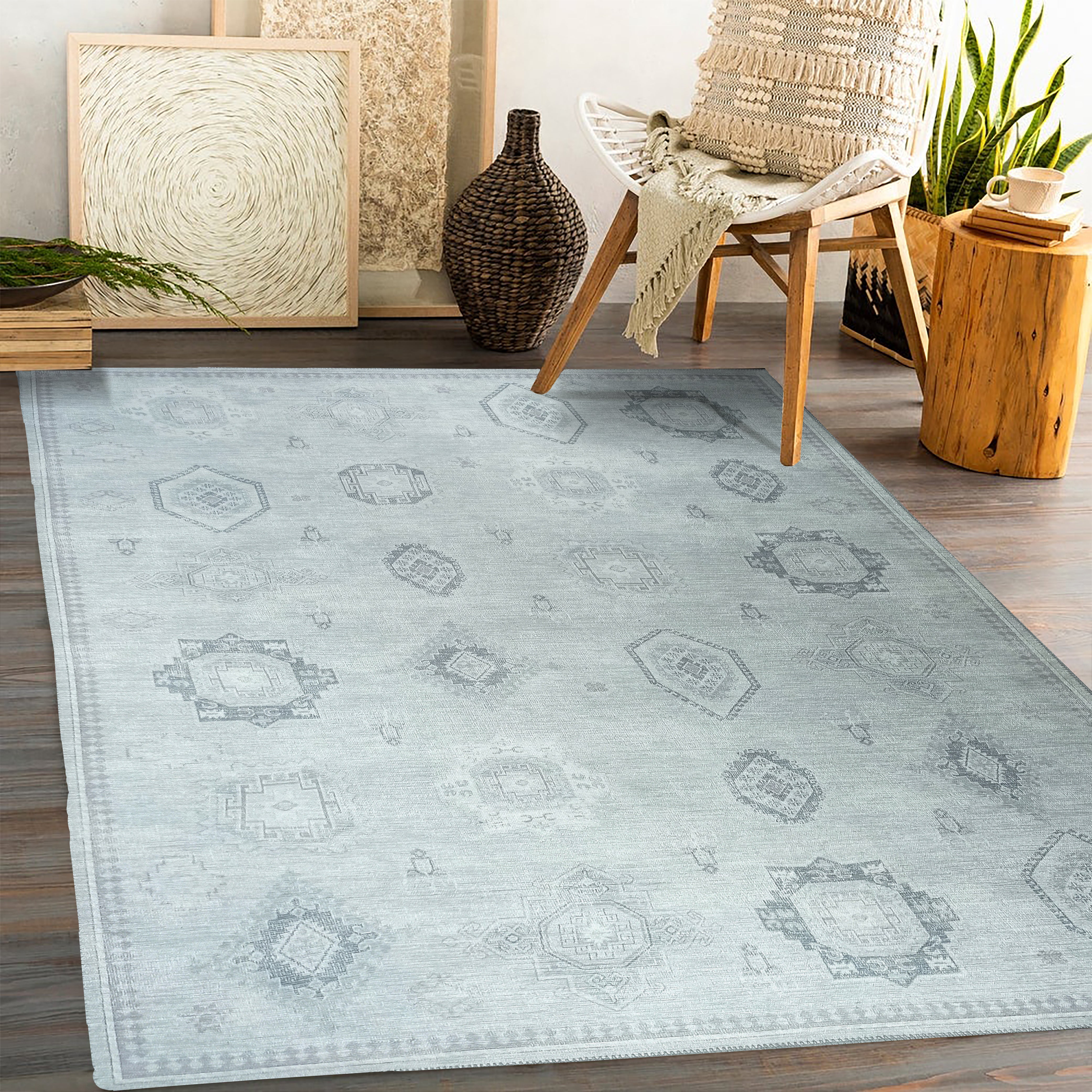 Neutral Antique Oushak Rug, Shades of Gray Silver Boho Luxury Turkish Geometric Vintage Persian Inspired Area Rugs Living room Bedroom Hall-famerugs-2&#39;x3&#39; ft 60x90cm-fame