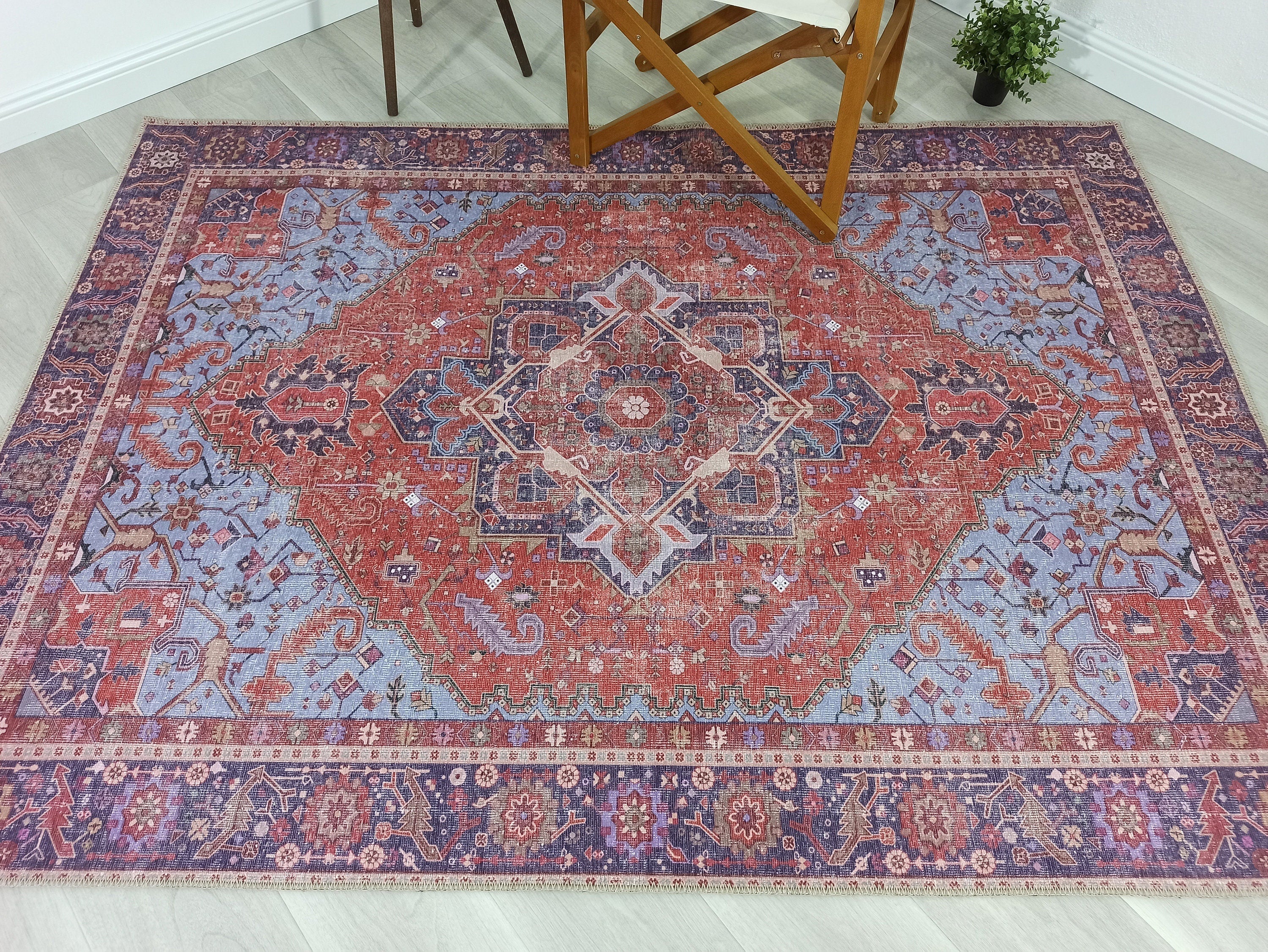 Ola Persian Heriz Red & Blue Medallion Rug-Rugs-Fame Rugs-2'x3' ft 60x90 cm-fame